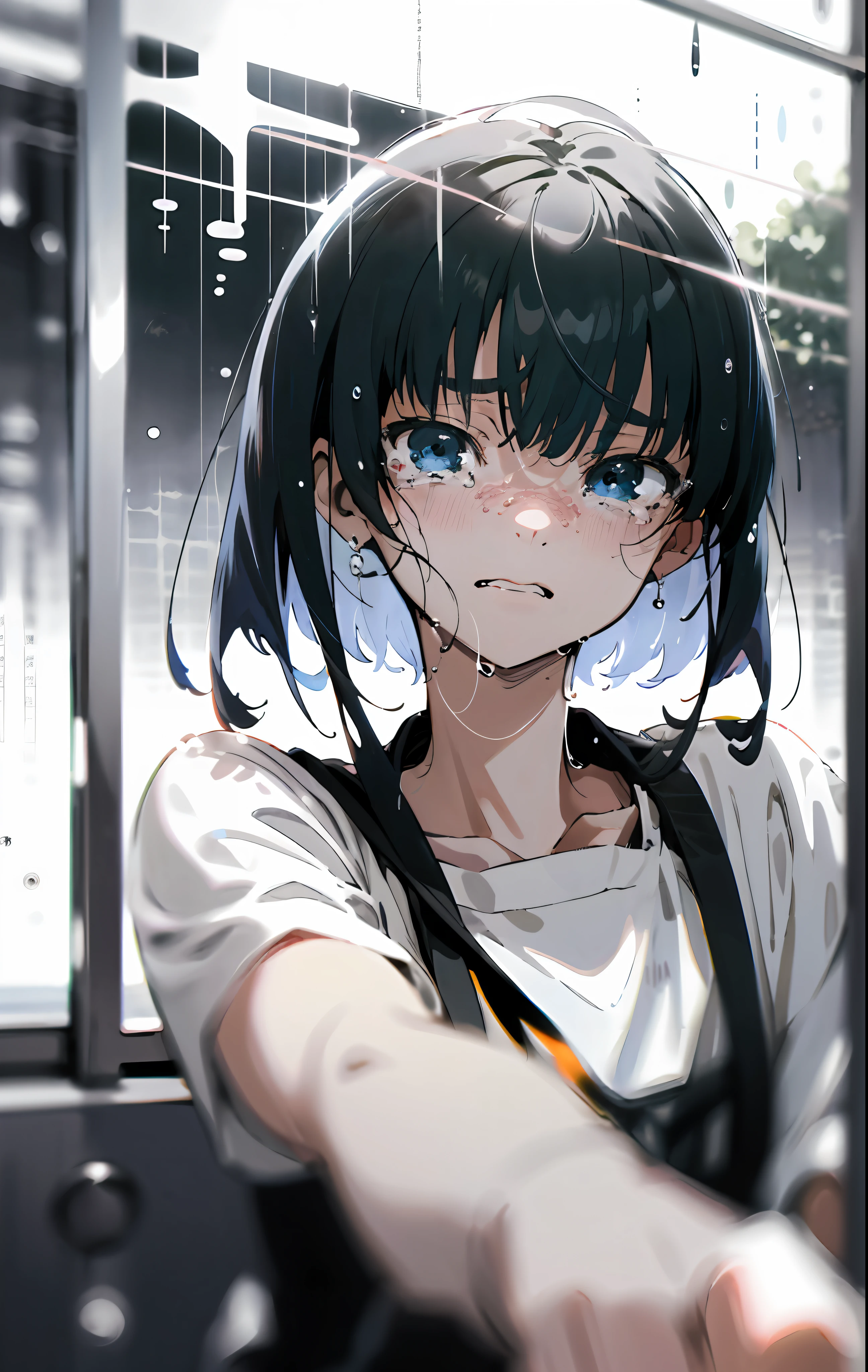 Black-haired anime shoujo looks out the window, lain serial experiments, lain, close up of lain iwakura, Anime style mixed with Fujifilm, black and white manga style, a heavy rain, black and white manga panel, tears dripping from the eyes, serial experiments lain, tears running down face