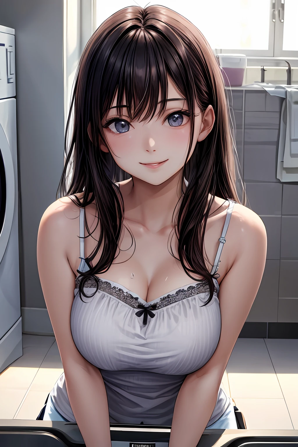 masterpiece, best quality,  hyper-detailed, 8k resolution, RAW photo, (1girl),large breasts:1.5, gorgeous face, Japanese and Russian mix, perfect body, 18yo, white camisole, happy, posing for photo, long hair, smile, night, kissing face, washing machine, sun light