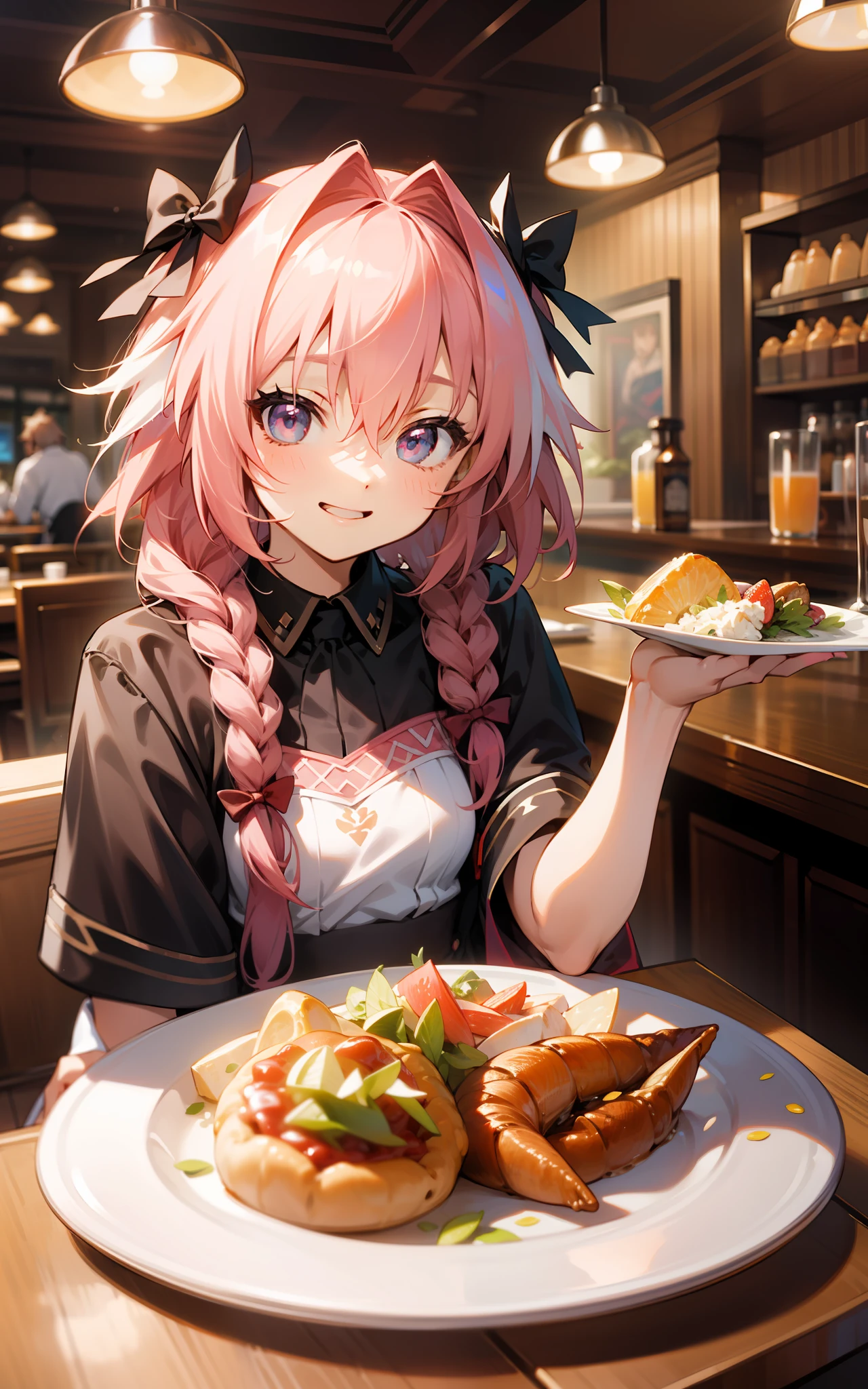 beste-Qualit、hight resolution、detaileds, astolfo、Drawn by a game studio、Dine at a restaurant in a bright amusement park、Long braids、