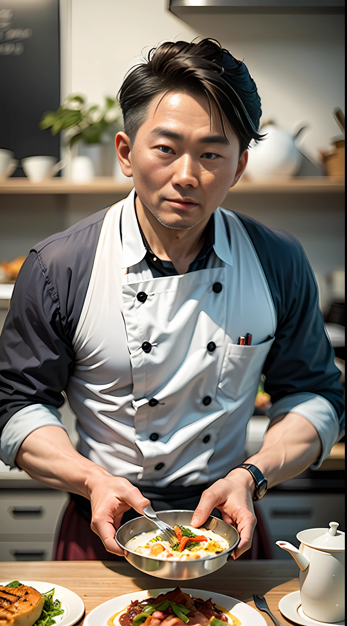 man in his 40s, personal chef north korean, serving dinner at the table,