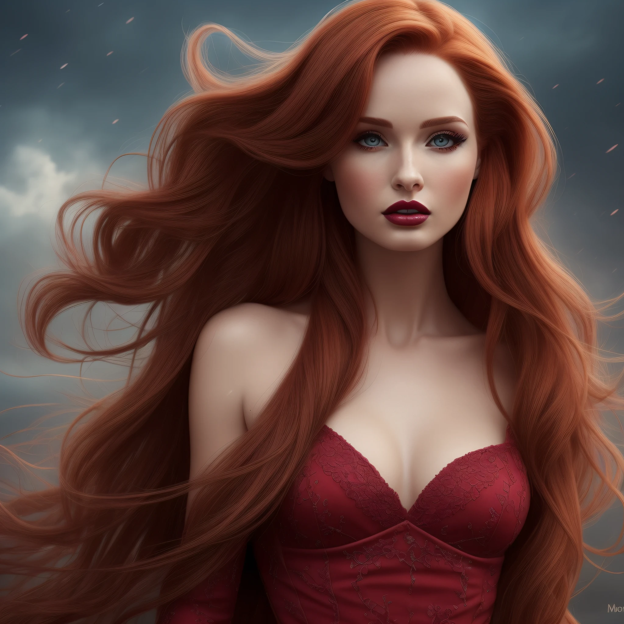 Madelaine Petsch, woman, Caucasian, 30years, long orange, wavy hair, elaborate hairstyle, malicious expression, evil, seductive, heavy makeup, fallen angel, burgundy lipstick, hell, cherry red dress, war scene, apocalypse, high fantasy , fantasy, Celestial Magic, corrupt magic, beautiful, high quality, battlefield, victory, biblical, flawless image, highly detailed, artistic, realistic, digital painting, 4k, no deformity. (best quality), extremely delicate and beautiful, amazing, finely detailed, master piece, ultra-detailed