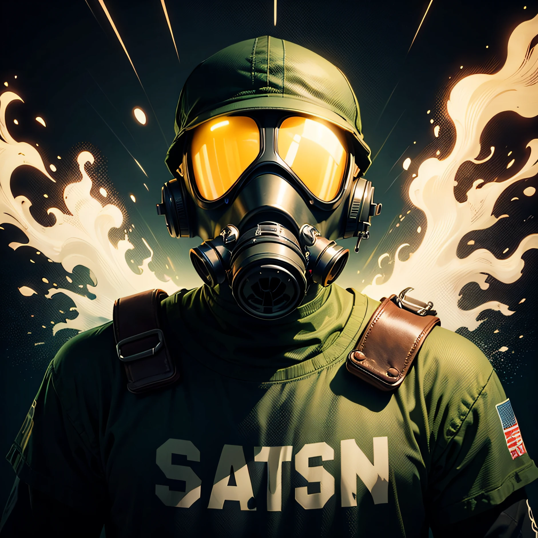 pixador skeleton with gas mask and cap, splash, spray, tracks, 80's, vector image, t-shirt design, isolated, black background, illustration, use only blue, yellow and red green colors, with letters "RF" highlighted --auto