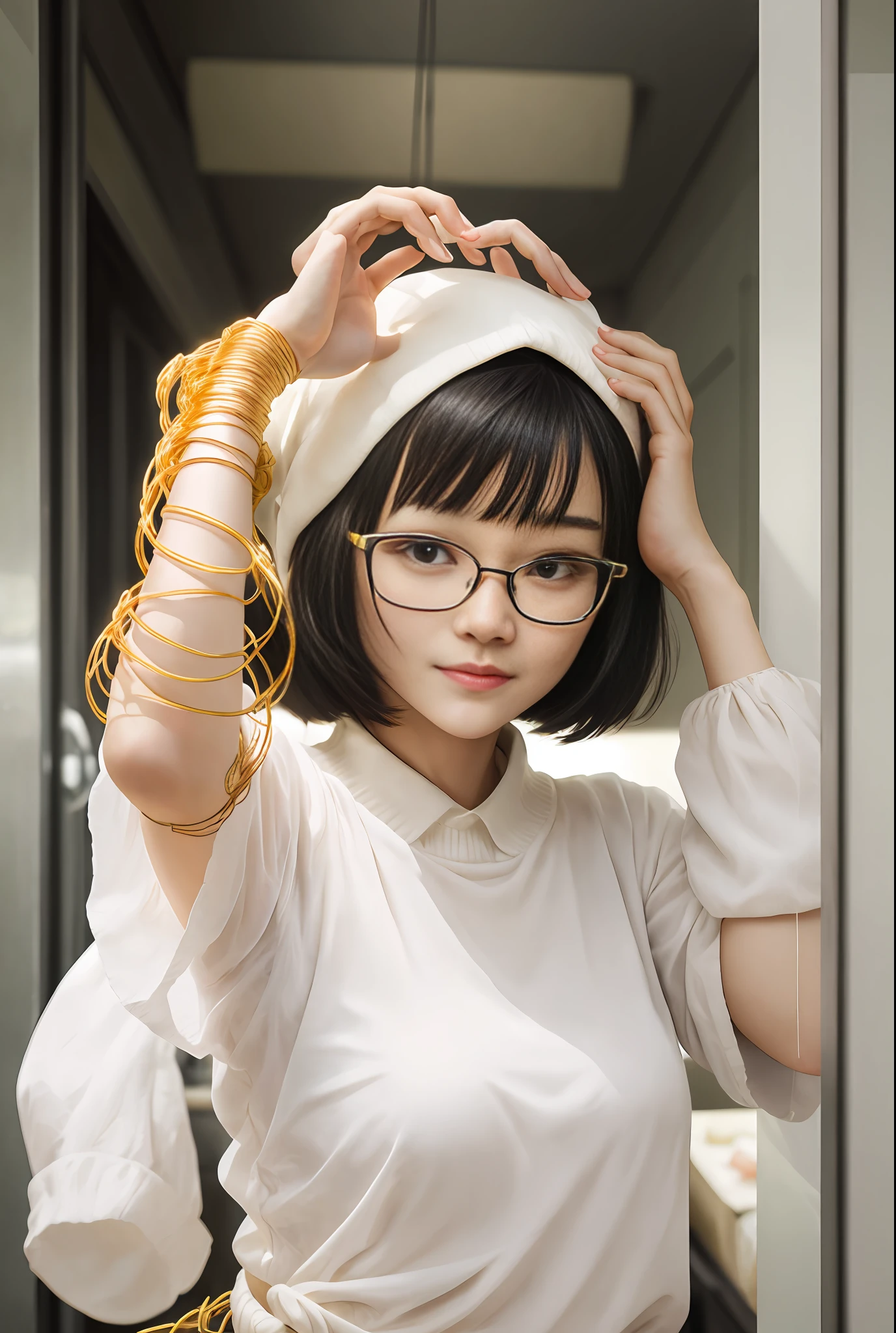 White and tender skin,gold-wire glasses,head portrait,with short black hair,The face is slightly fat,Energetic and lovely