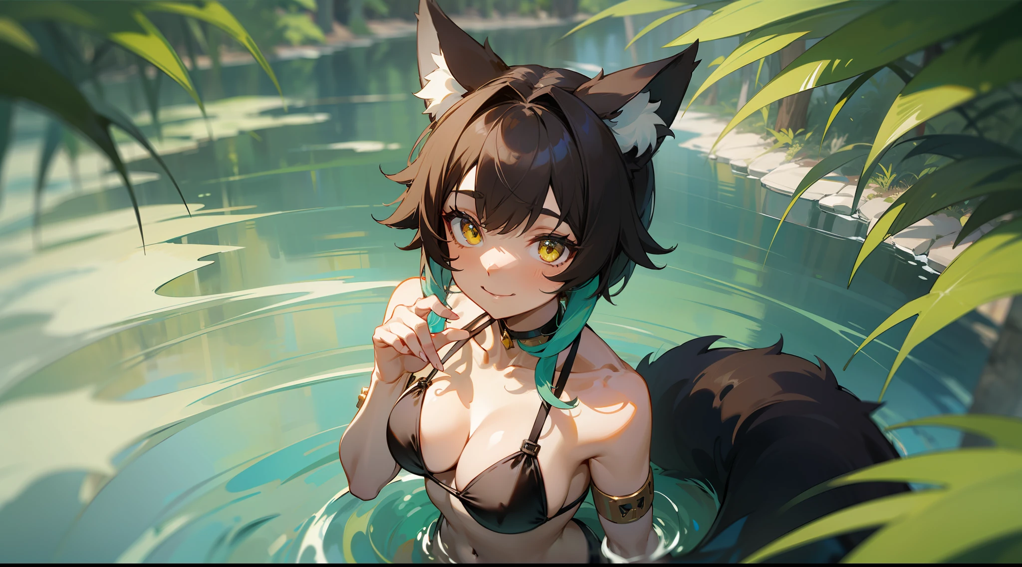 Brown skin tone:1.5、Wolf ears、Wolf's tail、Kizi、Black bikini with metal fittings、Majestic nature、forested、Yellow cat-like eyes、From  above、lake、Innocent smile、Hands raised