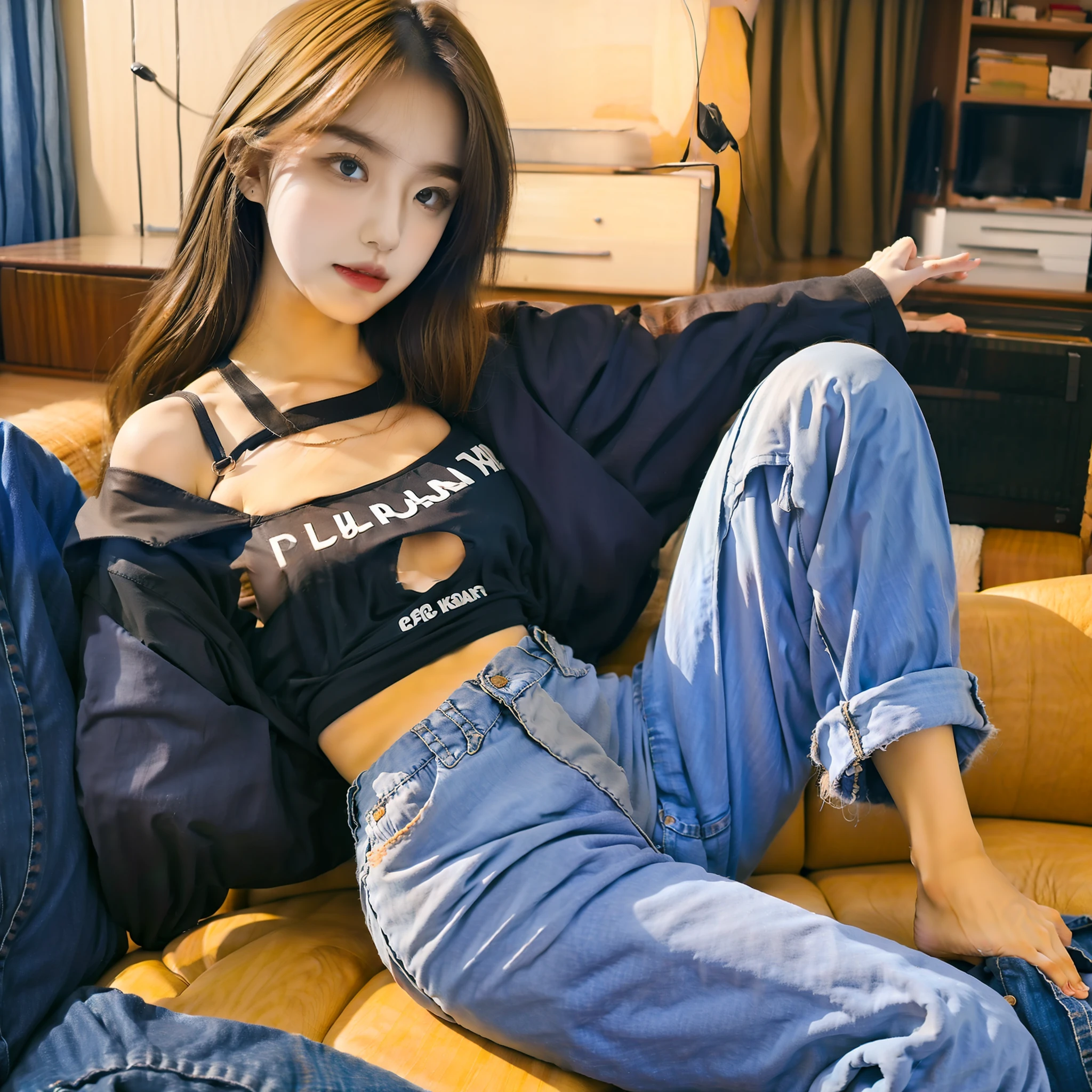 best quailty,highly detaile,18-year-old f,Korean girl,denim pant,Black cropped T-shirt,high-heeled,Sit leisurely on the sofa,coiffed blonde hair,rely on,