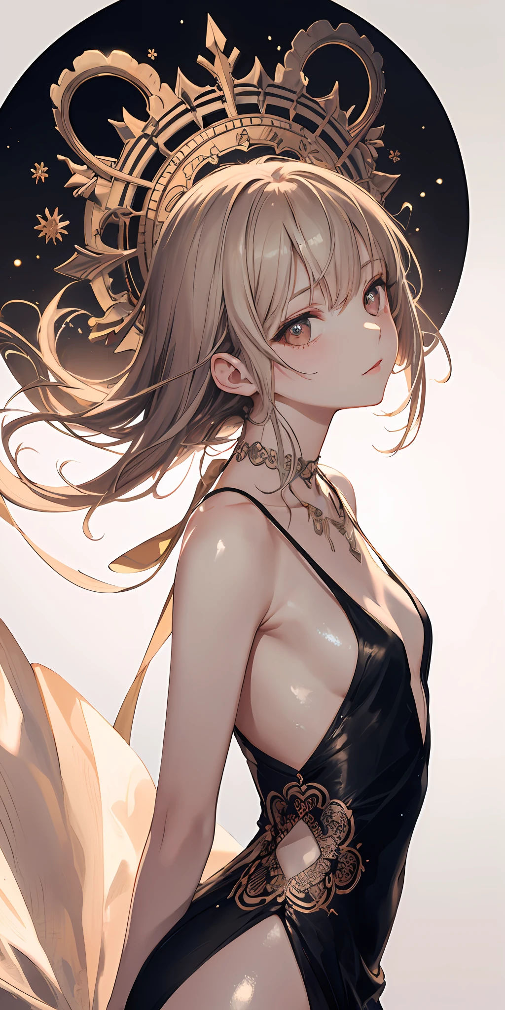 (masterpiece, high quality, highres,Highest picture quality), (Master's work), (zentangle:1.2),1girl,classical,noble,princess,negative space,Tyndall Effect,light background, [(white background:1.3)::5], bare shoulders, barefoot, bare back, shiny skin, shiny hair, dress,