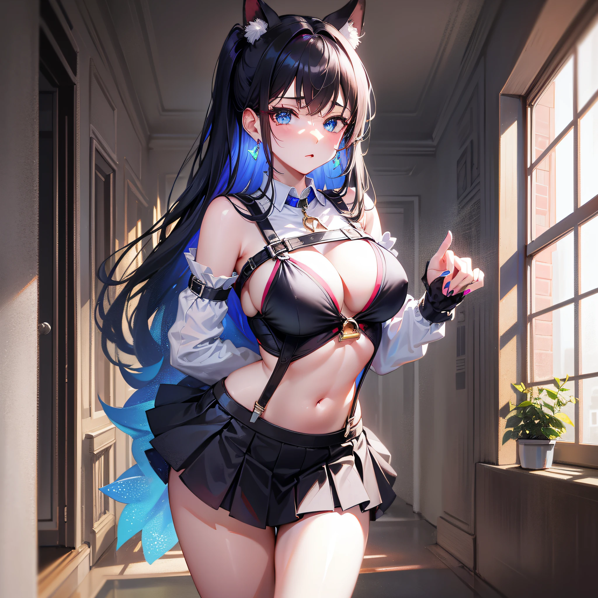 Seventh March， Seventh_Marchen， 1girlhugebreasts， 独奏， （（Black suspenders）），（cleanness：1.2）， Fair thighs， nedium breasts，Bigboobs， Skirt that wraps hips， seaside backgroud， Black skirt， Pleated skirt，libraryai， ponytailhair， Blue earrings，house， length hair， looking looking at viewer， Short pink nails， Blue eyes， 独奏， Great legs， （（Beth）），（（tmasterpiece：1.1））， nameplate， ID tags， Indoors， Be red in the face， a sexy pose， With hands behind your back