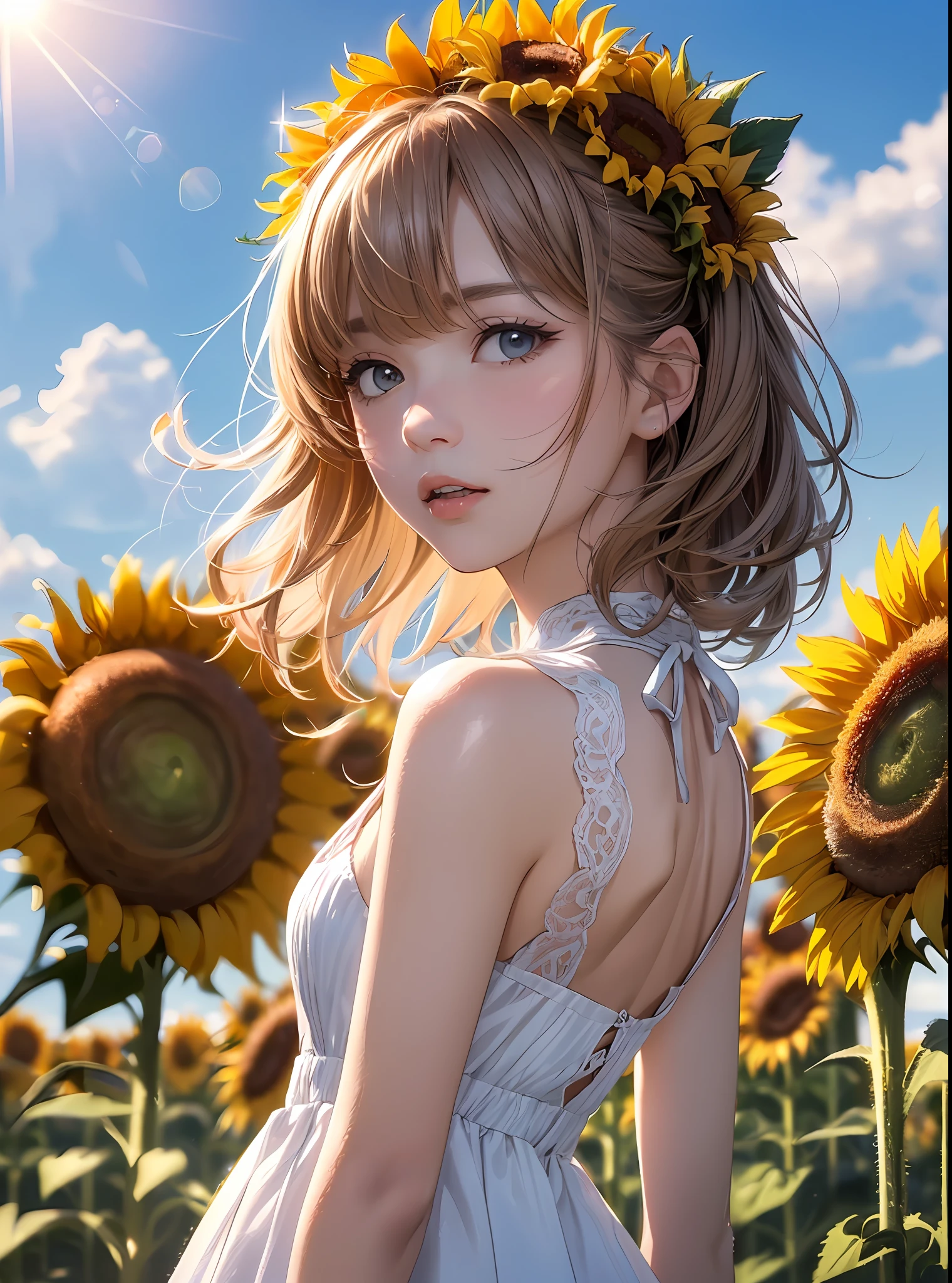 (beste-Qualit、in 8K、32K、​masterpiece、bsh:1.3)、(a photorealistic:1.4)、Photo of Pretty Japanese woman,Small hair ornament、From Underneath、Sleeveless white summer dress,　sunflowers fields、Sun glare,depth of fields,blurry backround,lensflare,Sunflower background、blue-sky