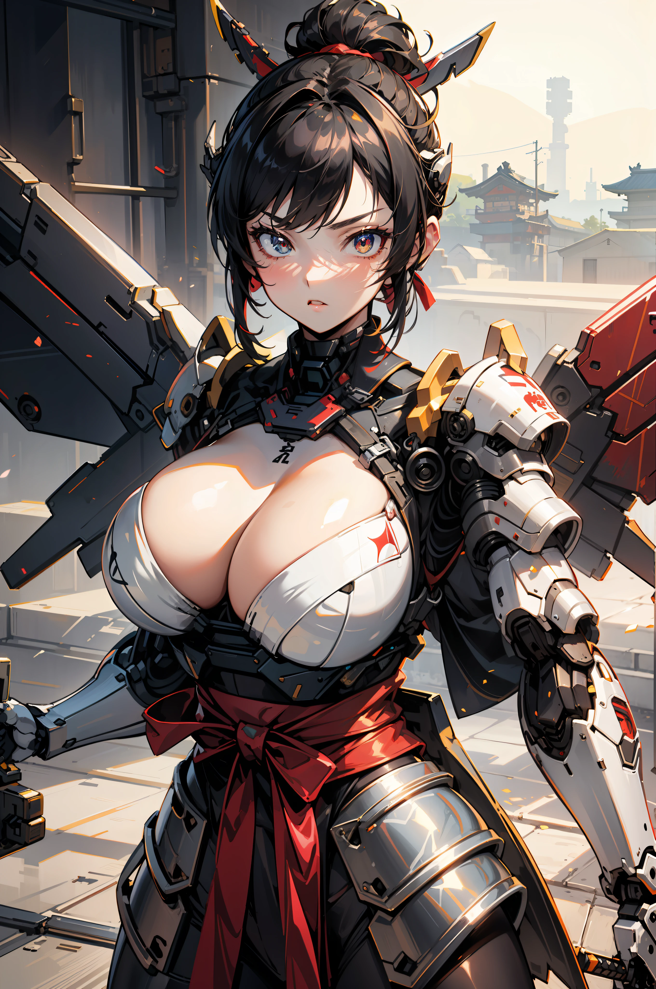 hyper quality, Hyper Detailed,Perfect drawing,Solo, Beautiful Girl, master piece, (mecha musume), Mechanical armor, Headgear, mechanical wings, holding huge gunSamurai wielding a sword, Black ponytail, Hair tied up with a large red ribbon, Equipped with two Japan swords ((extra huge oversize cool samurai_sword in hands, extra huge cool weapon machine)), open stance, actionpose,purgatory,