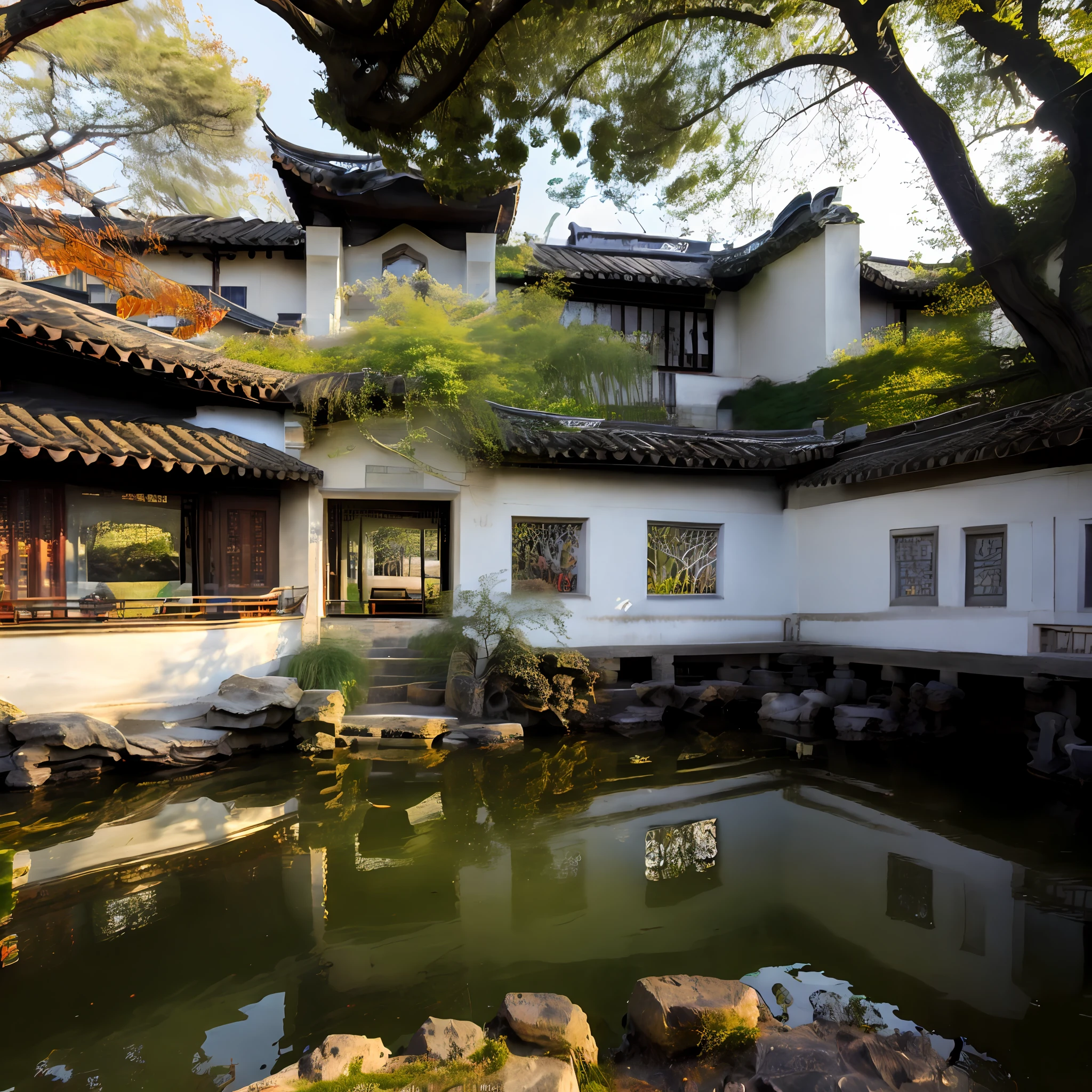 Clear and soft light by the river，Reflected on the old tile house。A window half-hidden，The inside of the house can be seen from the passage through the doorway。The building itself has a vintage style，It is surrounded by fresh green meadows and tranquil rivers。On narrow grounds paved with stones，A black stone bench seemed to be waiting for the arrival of Jiabin。Simple and elegant，Let people's state of mind gradually calm down。The beloved beauty is coming！