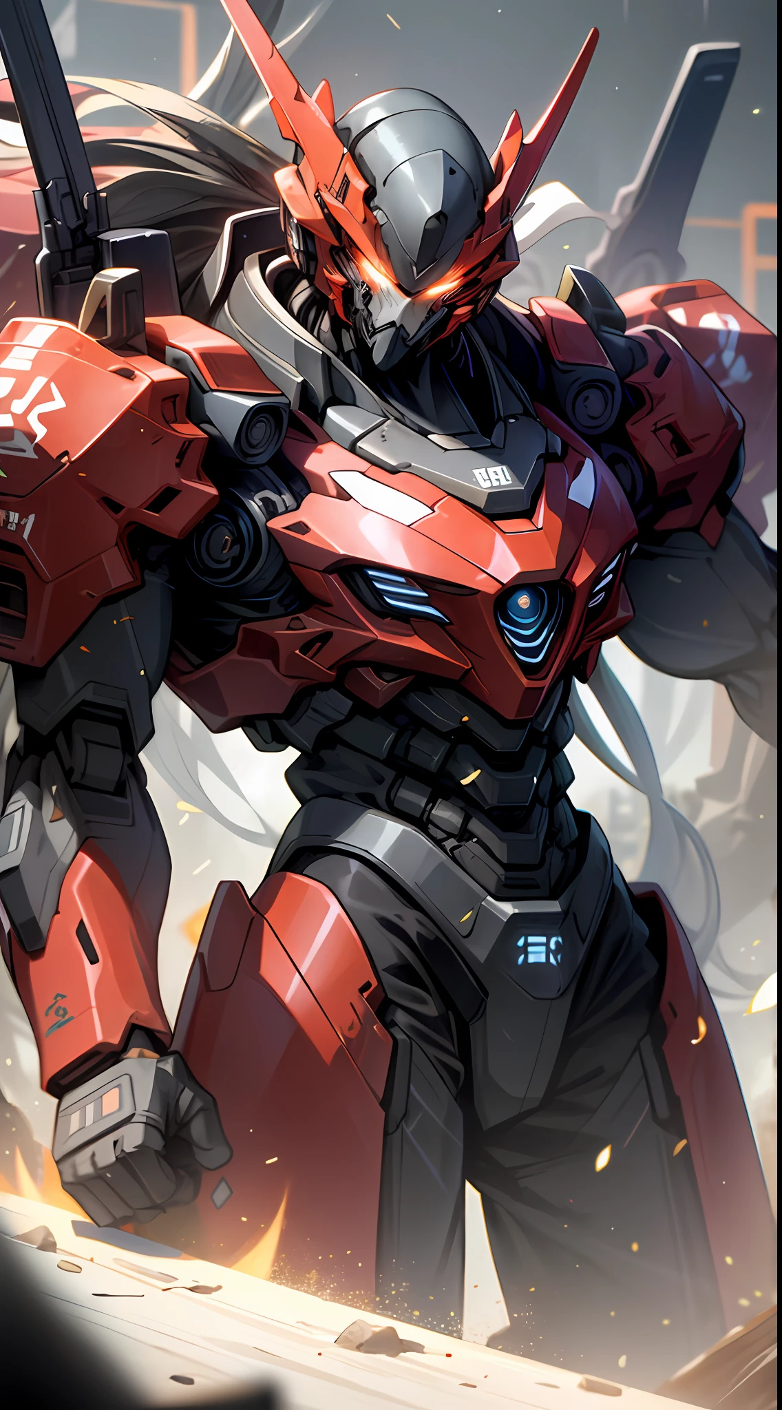 The largest mech,Sparkling mech,Pure red mech,(Three-quarters photo:1.3),Blue glowing eyes,Complex and elaborate head and chest,Precision and beautiful,Fang Tianji in both hands,(Plug it into the ground:1.3),Emits red particle light,(orthofacial:1.3),Ultra photo realsisim,super-fine,Cinematic texture,8K,超高分辨率