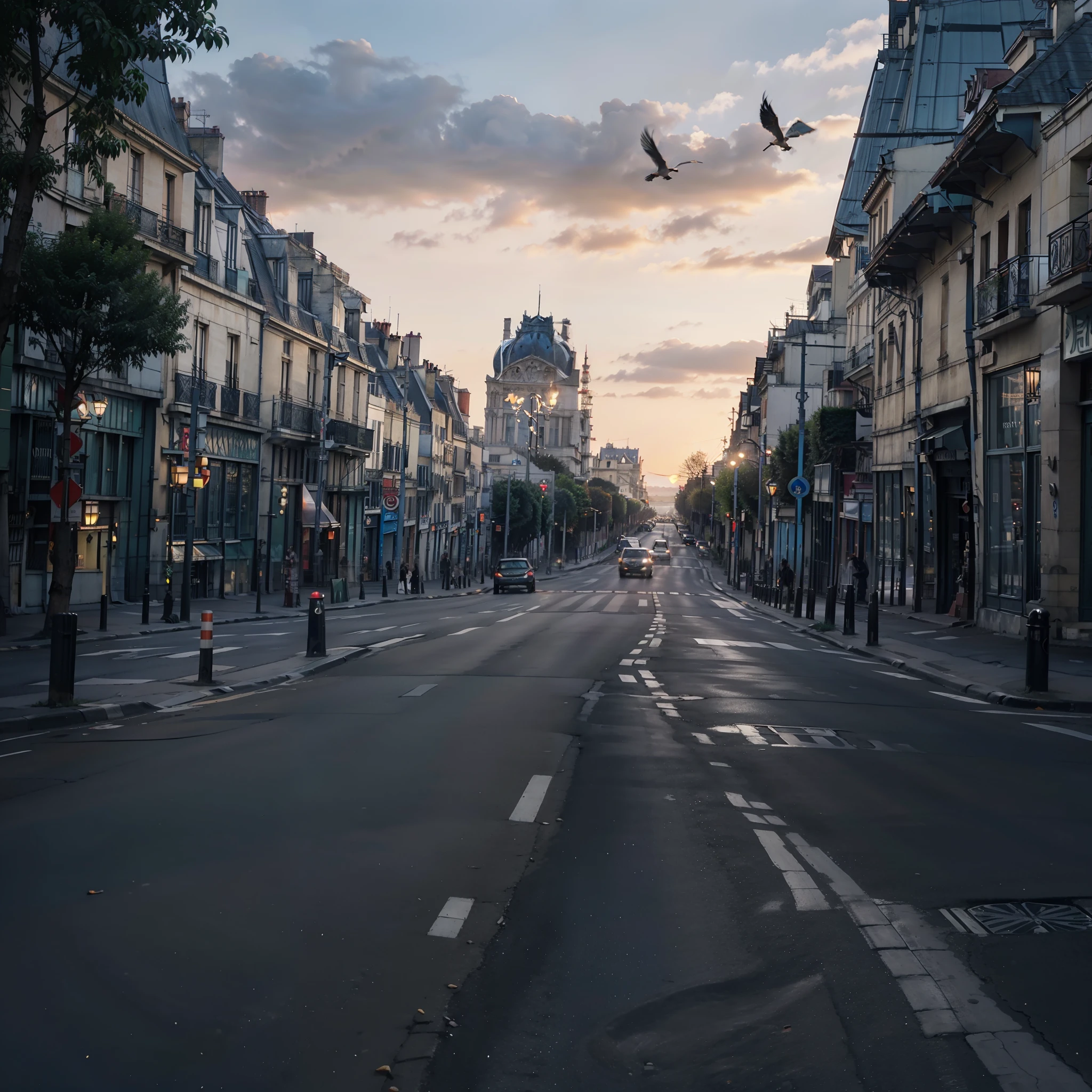 (Description: Beautiful Late Afternoon + at the Louvre in Paris, Sunset Street), (Paris style + French architecture), (High Quality + Best Lighting), (Beautiful Sunset) (blue / orange / red sky + birds), (Dynamic angles + continuous path), (Nostalgic + memory style + twilight), (main frame: street + building) +( empty streets, no people and no cars, just the beautiful architecture of Paris for contemplation)+(feeling of peace and tranquility).