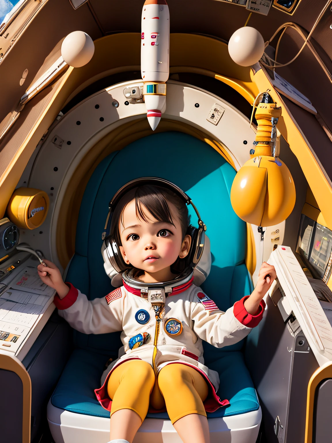 a  girl astronaut in the cockpit inside a rocket