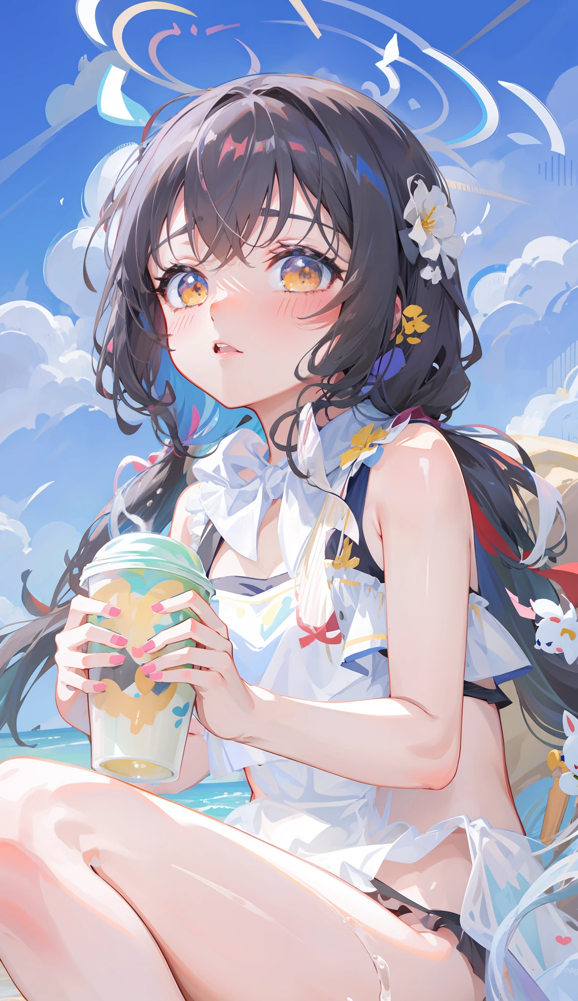 anime girl in a bathing suit sitting on a beach with a cup of coffee, anime moe art style, , Kantai collection style, onthebeach, in the beach, anime visual of a cute girl, At the beach, shirabii, Marin Kitagawa fanart, small curvaceous loliimsuit, zerochan art, Splash art anime Loli