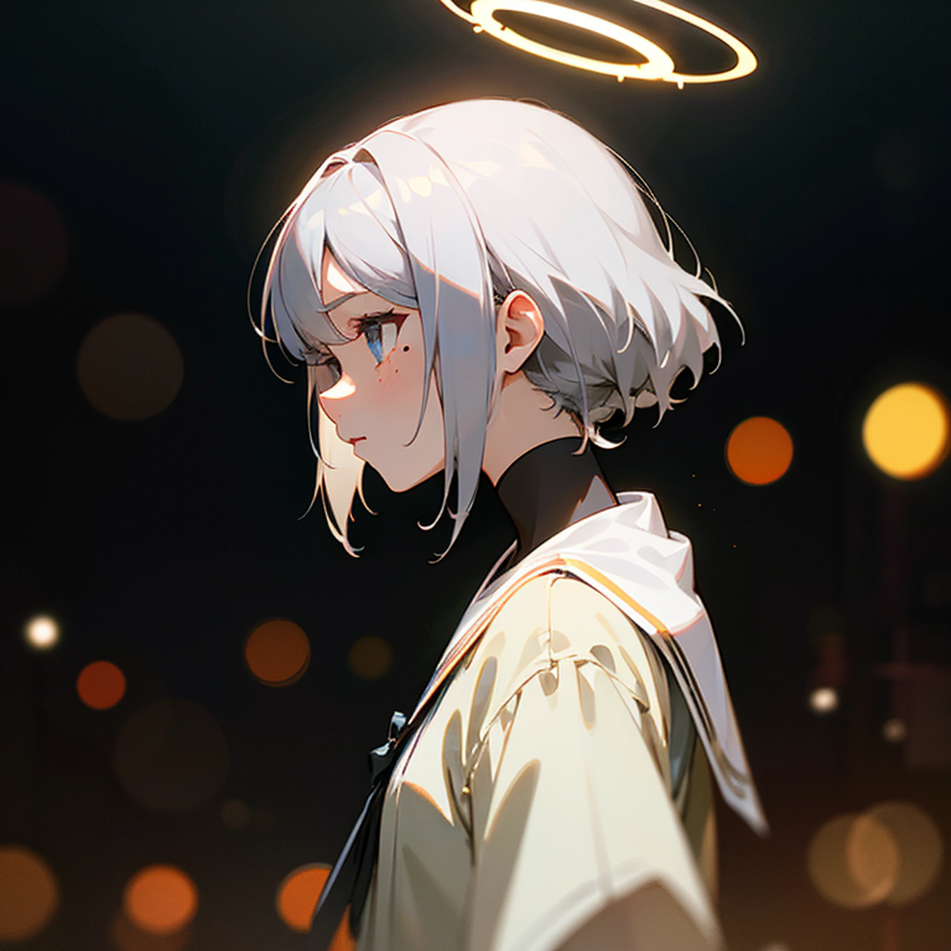 Girl gray hair with halo on the top of the head Tear mole at the corner of the eye anime sense, High detail, Cinematic lighting, tachi-e, From the side Side, Nikon, Bokeh, ccurate, Best quality --auto