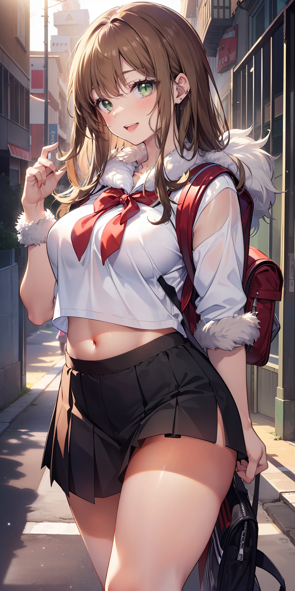 ((masterpiece)), ((best quality)), ((anime profile style)), ((HD 4k)), ((female character)), ((High school girl)), ((Body cute)) , girl, female face, Happy, smiling, open mouth, teeth showing, unkempt lips, ((tan skin)), brunette, ((Light green eyes)), Eyelid, Pupil, Sclera, Iris, eyebrow , eyelashes , ear, nose, ((fur)), ((long brown hair)), ((hairlight effect)), ((niigata school uniform)), (tights), school shoe, ((backpack on back)), ((light effect on clothing)), ((light effect on body)), neck, shoulders, (thin waist), ((perfect belly)), arms, ((thick legs)), ( (big thigh)), Backstory, ((walking)), details in environment, surrounding objects, ((lighting)), viewer's view