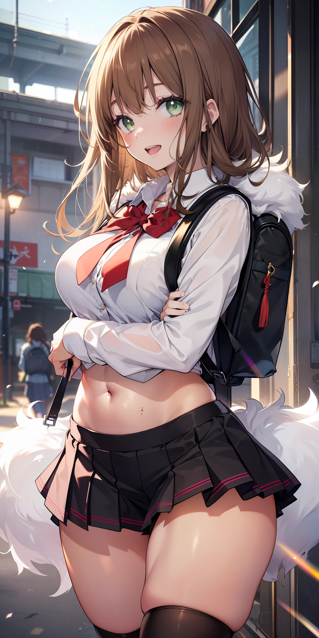 ((masterpiece)), ((best quality)), ((anime profile style)), ((HD 4k)), ((female character)), ((High school girl)), ((Body cute)) , girl, female face, Happy, smiling, open mouth, teeth showing, unkempt lips, ((tan skin)), brunette, ((Light green eyes)), Eyelid, Pupil, Sclera, Iris, eyebrow , eyelashes , ear, nose, ((fur)), ((long brown hair)), ((hairlight effect)), ((niigata school uniform)), (tights), school shoe, ((backpack on back)), ((light effect on clothing)), ((light effect on body)), neck, shoulders, (thin waist), ((perfect belly)), arms, ((thick legs)), ( (big thigh)), Backstory, ((walking)), details in environment, surrounding objects, ((lighting)), viewer's view