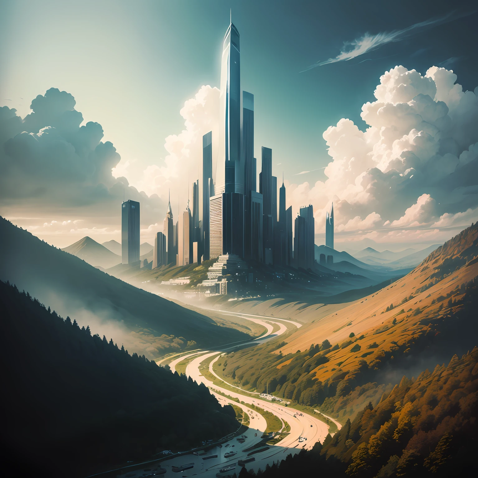 ((Painting style：Rich and beautiful，The atmosphere is magnificent)、(feels：Dreamy and mysterious，Magnificent))、City on the Clouds、Angle top-down、Hurricane long roll、Forest valley、Quiet、gracefulness、𝓡𝓸𝓶𝓪𝓷𝓽𝓲𝓬、flowy，Tech City --auto