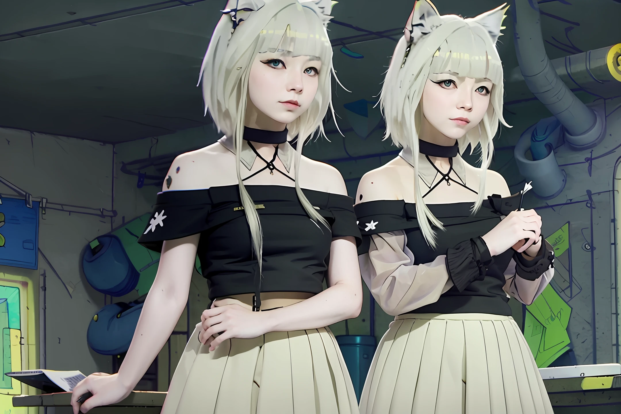 Two-dimensional，White Hair Cat Girl，Heteropupil，Fine，Large 4K HD image，The skirt has only the upper body