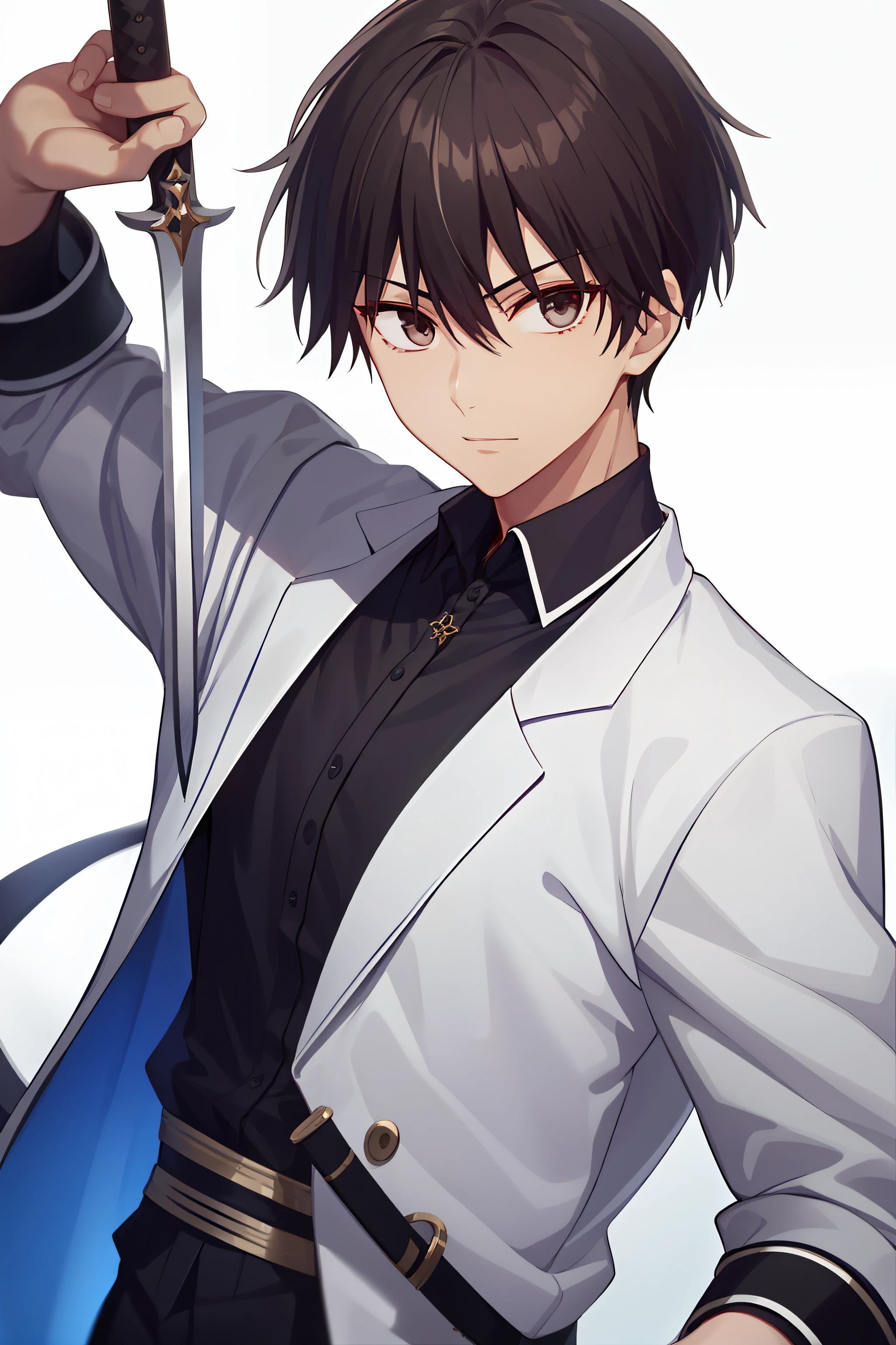 tmasterpiece， very best quality， high high quality， 1boy， 独奏， malefocus， looking looking at viewer， Upper body body， manabe_kakeru，A young man in a flowing white robe and holding a short sword in his hand