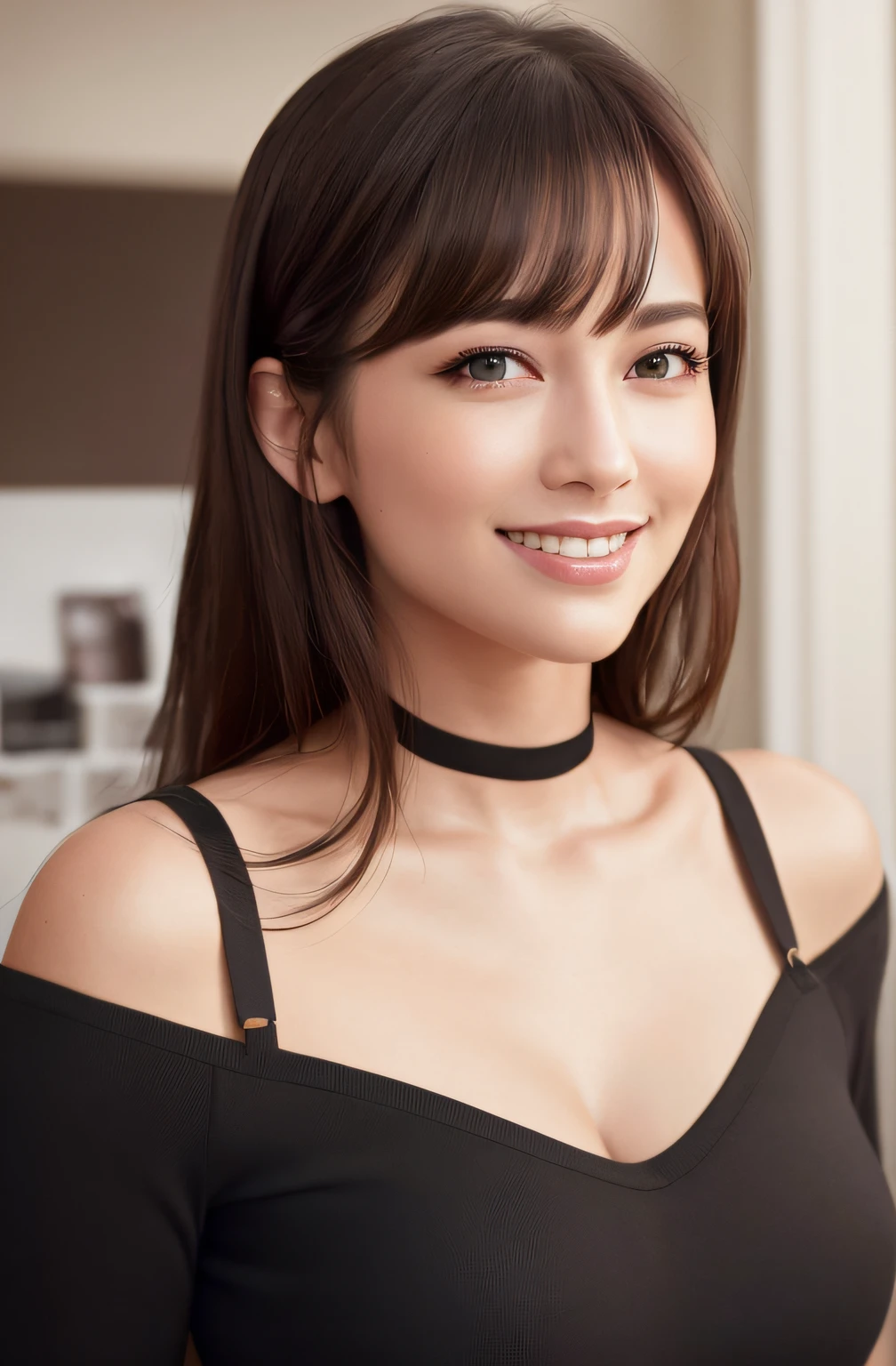 [(Hassleblad H6D-400c)], [(medium format image)],[(dreamy)],[(400 mega pixels)], (photorealistic:1.4), (RAW photo:1.2), (8k), (masterpiece:1.3), (realistic), (hyper-realistic), ultra-detailed, illustration, very_high_realistic:1.5 ,very_high_resolution:1.5, HDR, CG, unity, 8k wallpaper, Amazing ,finely detail, official art, extremely detailed CG unity 8k wallpaper, (best quality), incredibly absurdres, ultra-detailed, light on face, cinema lights, cinematic lighting, professional lighting, photon mapping, radiosity, physically-based rendering, solo focus, sharp focus,
highres, extremely detailed ,extremely delicate and beautiful, intricate detail, facial muscles, beautiful detailed girl, natural makeup, extremely detailed face,  looking away,

[(((smile, happy, grin, flustered)))],

1girl, ((solo)), [(long black hair with bangs)], [(finely detailed beautiful AMBER Yellow eyes: 2), symmetrical pupils, extremely detailed pupils], lustrous skin, show Clavicle, perfect skin, (adult face:1.2), (medium_breasts:1.3), slim body, narrow waist, Proper body proportion,perfect body, 
((business attire)), [black cotton choker],
[color background],
