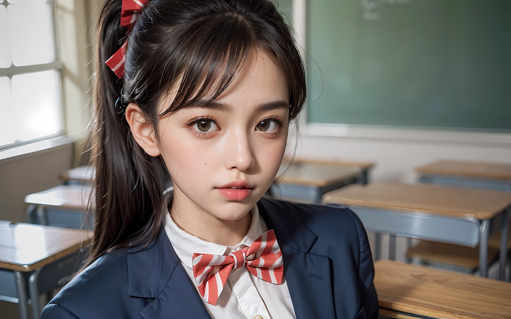((​masterpiece))), (((beste-Qualit))), ((ultra-detailliert)), (A hyper-realistic), (High Definition CG Illustration), Cinematic Light, photorealisitc,Very beautiful 16 years old、((Multiple people))、((Upper body body:1.2))、((Good anatomy:1.2))、((Dark blue blazer:1.2))、((High school girl chatting with friends in classroom:1.2))、((Happy look、Very red cheeks))、((Dark brown hair、Ponytail hair))、Detailed eye、detailed face with、kawaii、Beautiful skins、((a bow tie))、((Random Hair、Random Face))、Detailed fabric texture、(Japan Schools、Bright classroom、blur backgroun)、Soft light、Don't expose it