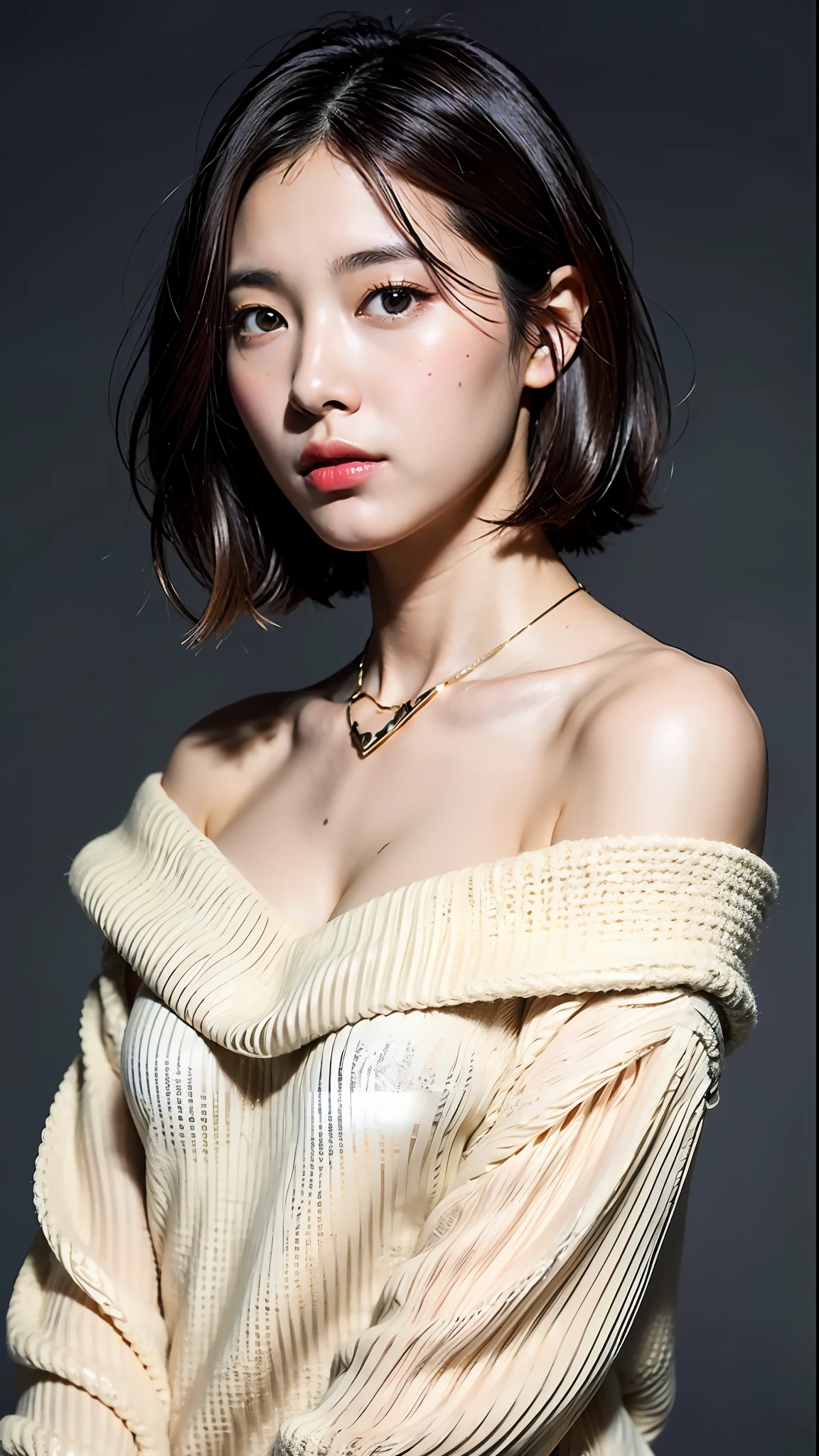 (beste-Qualit、8k、32k、​masterpiece、UHD:1.2)、Photo of a cute Japanese woman、very short bobbed hair、Above the shoulder、sface focus、oversized_sweater、a necklace、simple background、From  above、looking at the viewers、