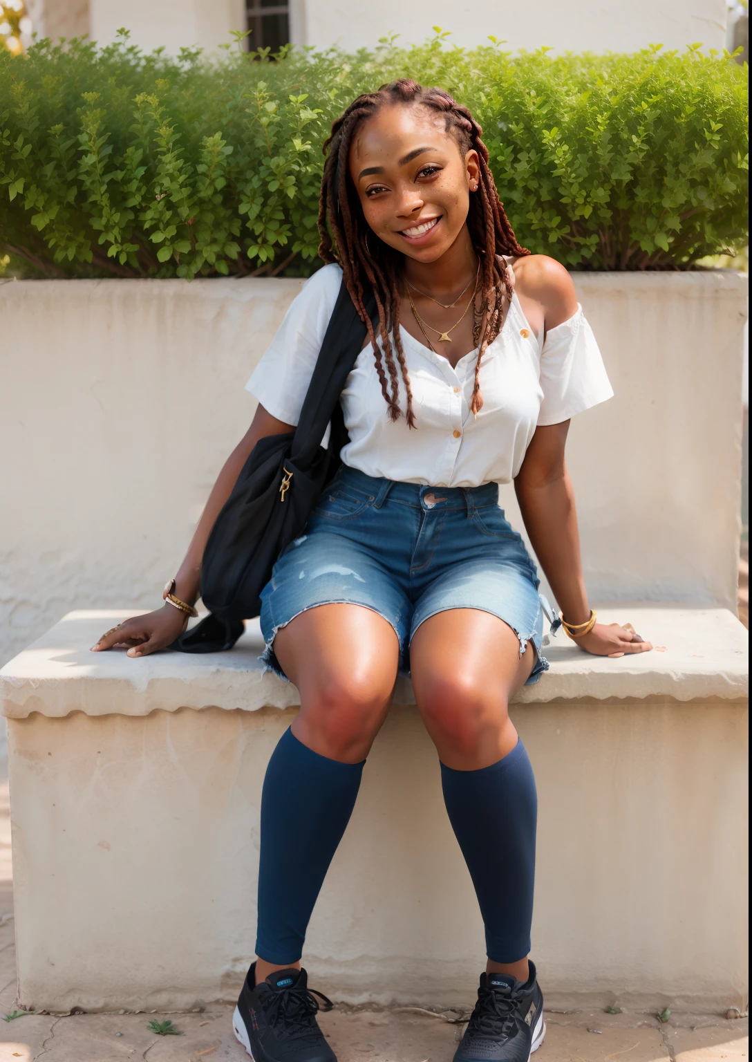 Masterpiece, RAW photography, dark skinned woman (laughing:0.8), sitting down, knees up, elbows bent, lit by sunlight, sleeveless shirt, long shorts, lens flare, DOF, blurry background, freckled skin, detailed skin, detailed face, box braids hairstyle