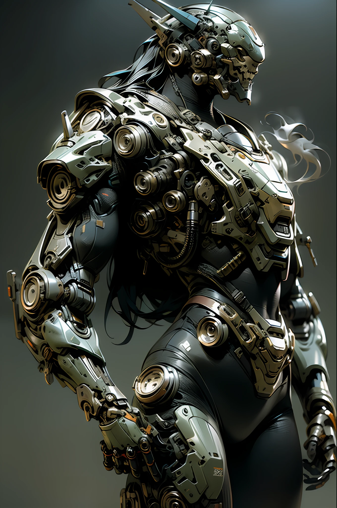 a beautiful woman cyborg warrior in the Style-RustMagic, cyberpunk augmentation, cyberware, cyborg, carbon fiber, chrome, implants, metal skull, cyber plate armor, (dark atmosphere:1.2), (fog & smoke), (dark night:1.3), scars, (dark medium length disheveled hair:1.1), (eyeshadow:1.1), (beautifully detailed glow:1.2), (Cinematic lighting), intricate detail, highres, rounded eyes, detailed facial features, sharp focus, smooth, aesthetic, detailed dark industrial factory background, stylish pose, dynamic pose, (dramapaint), (opt-6000:0.9), masked