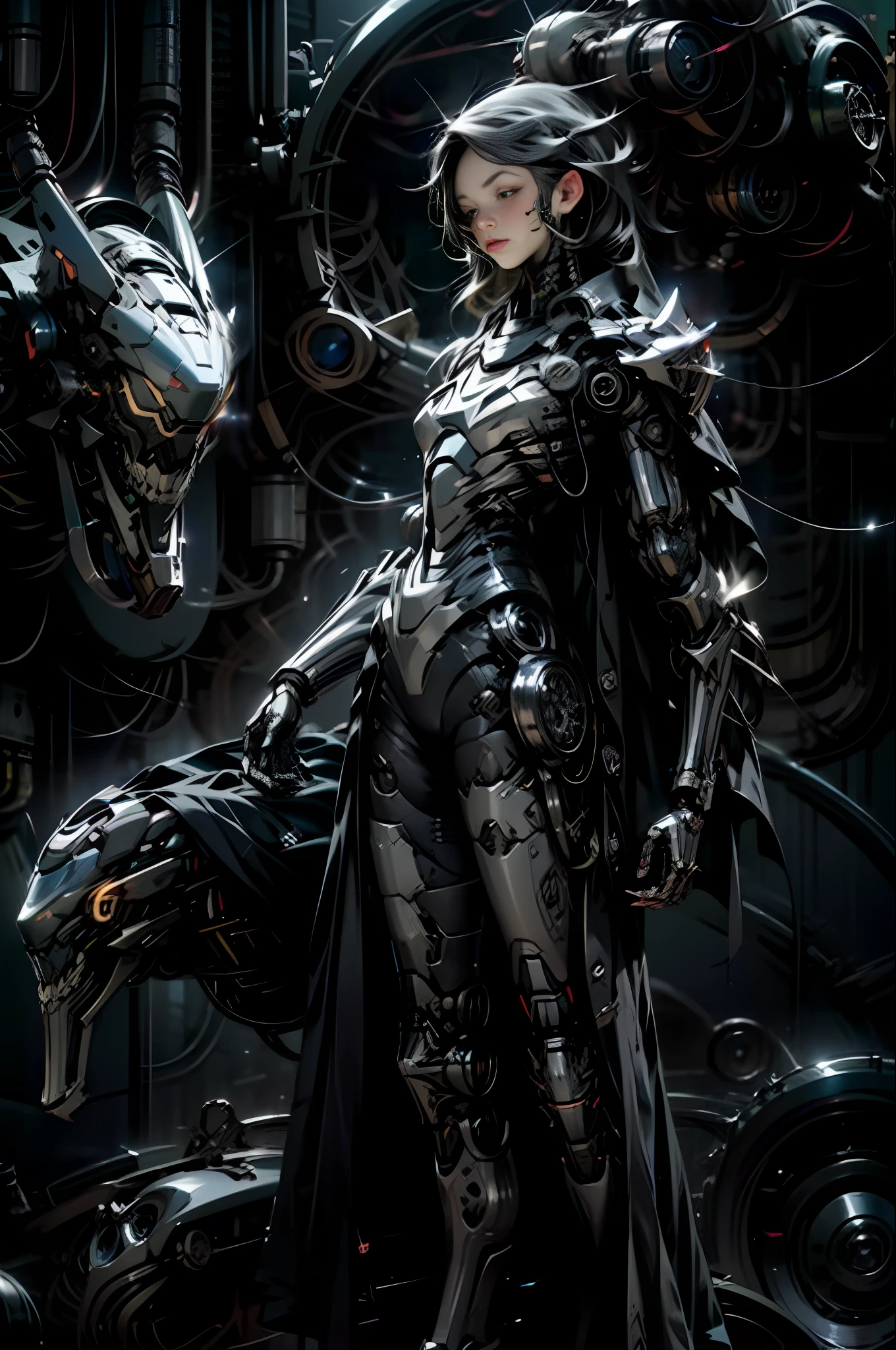 a beautiful woman cyborg warrior in the Style-RustMagic, cyberpunk augmentation, cyberware, cyborg, carbon fiber, chrome, implants, metal skull, cyber plate armor, (dark atmosphere:1.2), (fog & smoke), (dark night:1.3), scars, (dark medium length disheveled hair:1.1), (eyeshadow:1.1), (beautifully detailed glow:1.2), (Cinematic lighting), intricate detail, highres, rounded eyes, detailed facial features, sharp focus, smooth, aesthetic, detailed dark industrial factory background, stylish pose, dynamic pose, (dramapaint), (opt-6000:0.9), masked