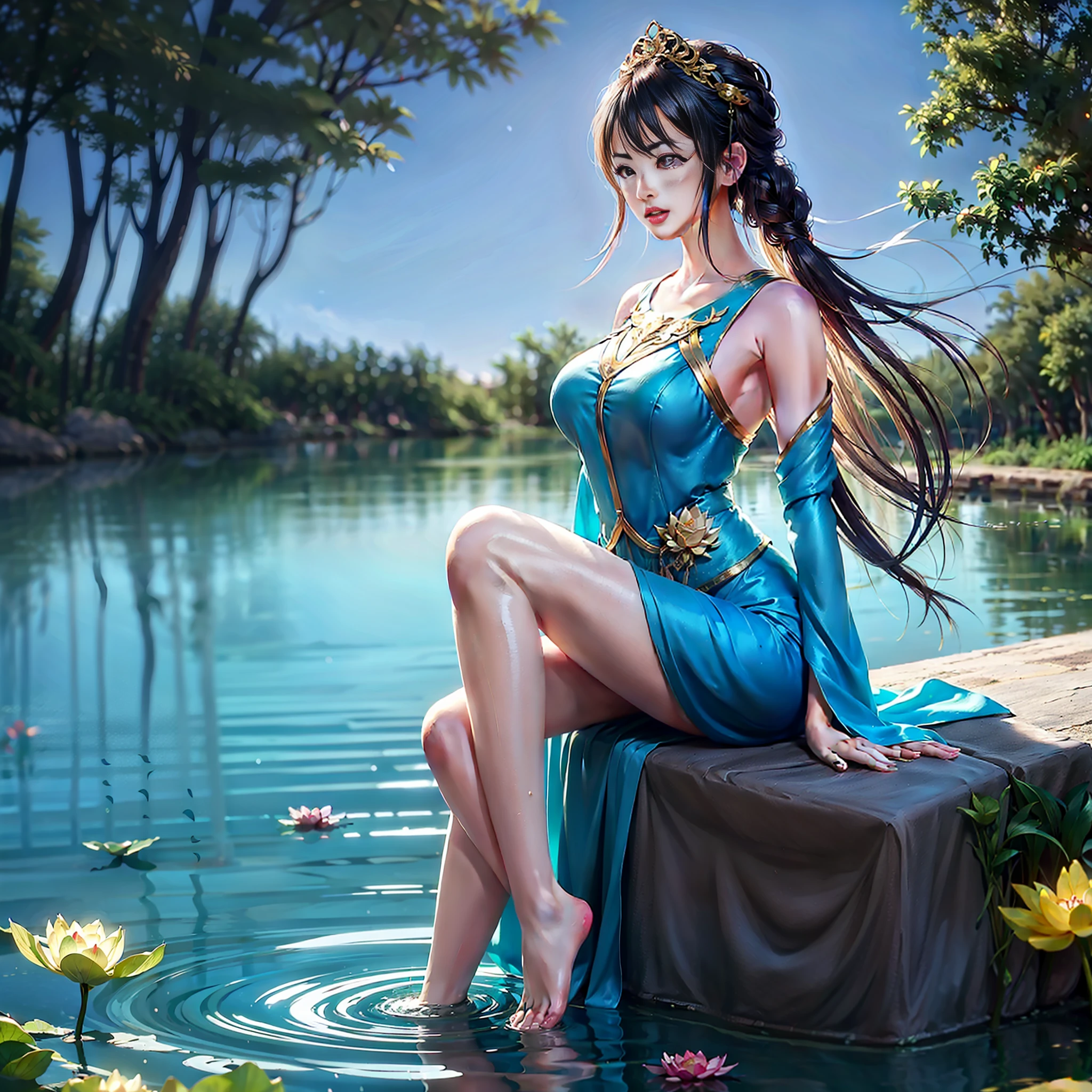 Sitting by a lake full of lotus flowers, feet playing in the water, the art depicts a charming woman with a melon face, dressed in a flowing, silky traditional oriental dress, long, aqua blue, decorated with intricate patterns and bright colors. Her dress drapes elegantly over her curvy figure, accentuating her seductive silhouette. She sits gracefully by the tranquil lotus lake, her feet playing in the water, bathed in the soft glow of the moonlight. The scene exudes an ethereal and dreamy atmosphere, with a touch of mystery and sexiness. The graphic style blends watercolor and digital illustration techniques to evoke a refined beauty and charm. The lights are filled with soft moonlight, casting soft highlights and shadows on her charming features. Bare thighs, big breasts, three-dimensional facial features, sitting, upturned legs, side braids