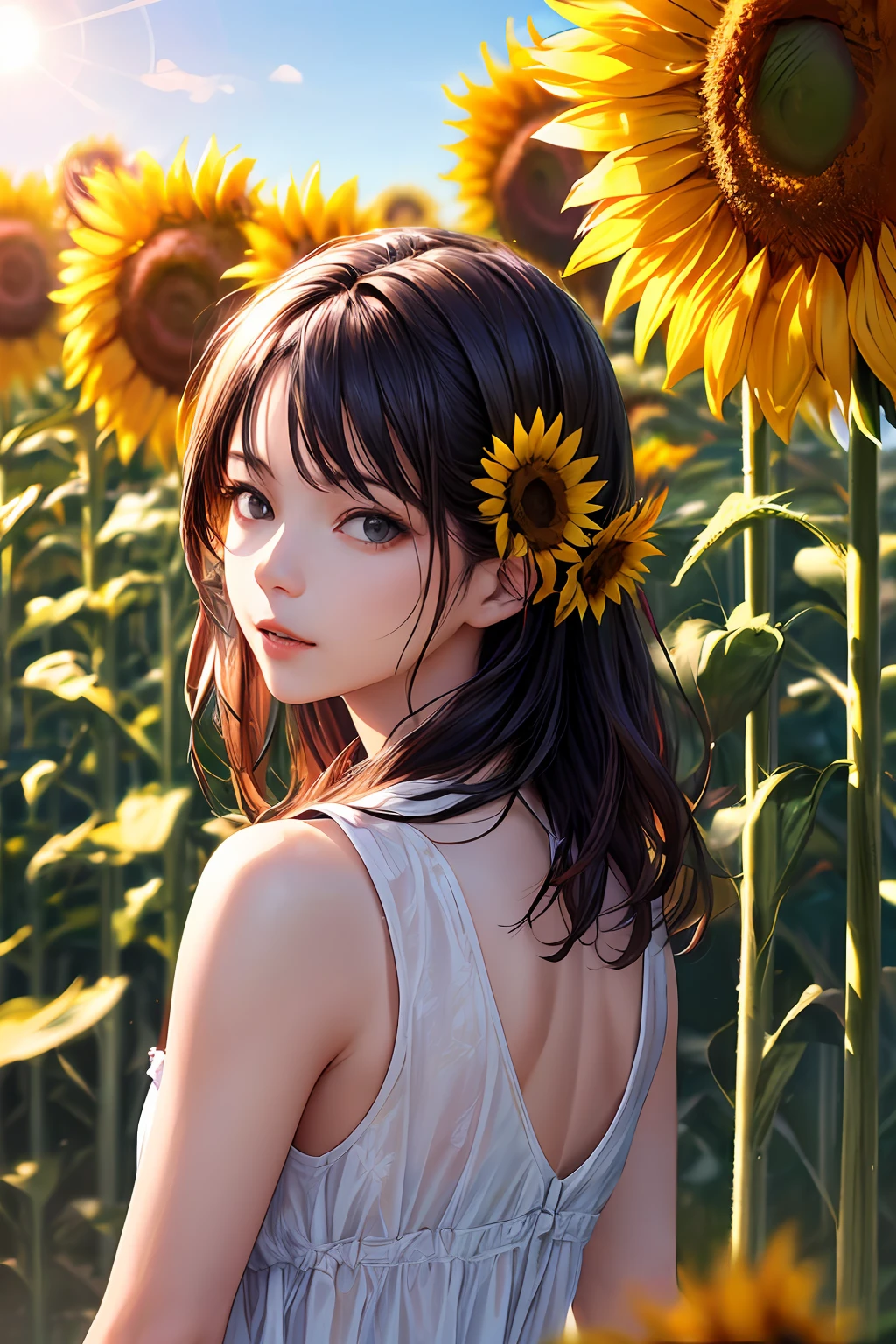 (beste-Qualit、in 8K、32K、masterpiece、kfk:1.3)、(a photorealistic:1.4)、Photo of Pretty Japanese woman, hair adornments、is standing、Sleeveless white summer dress, sunflowers fields、Sun glare,depth of fields,blurry backround,lensflare,Sunflower background、blue-sky