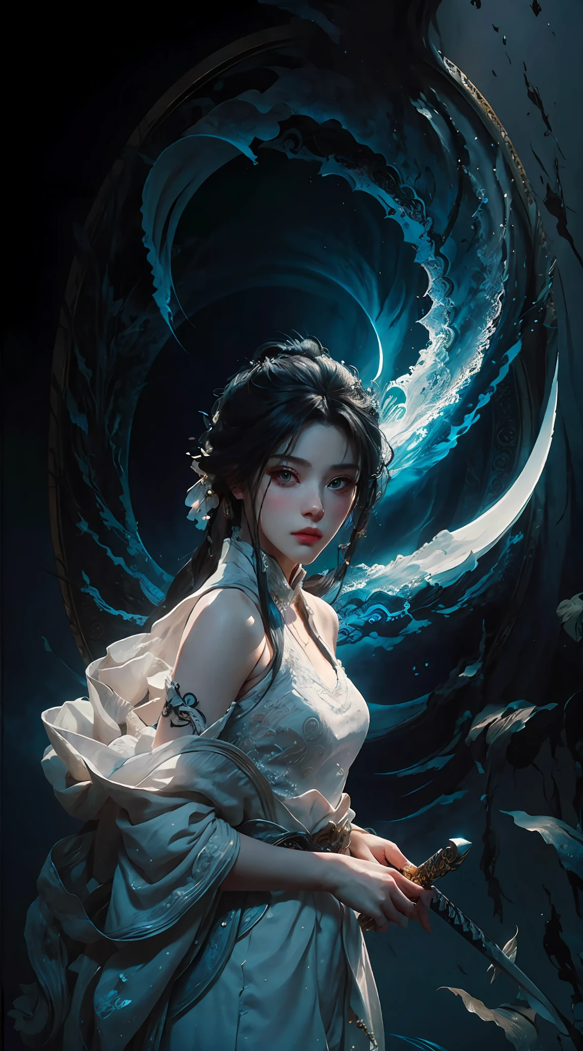 a close up of a woman with a sword in a white dress, a character portrait by Yang J, trending on cgsociety, fantasy art, beautiful character painting, artwork in the style of guweiz, guweiz, white hanfu, flowing white robes, full body wuxia, epic exquisite character art, stunning character art, beautiful female assassin --auto