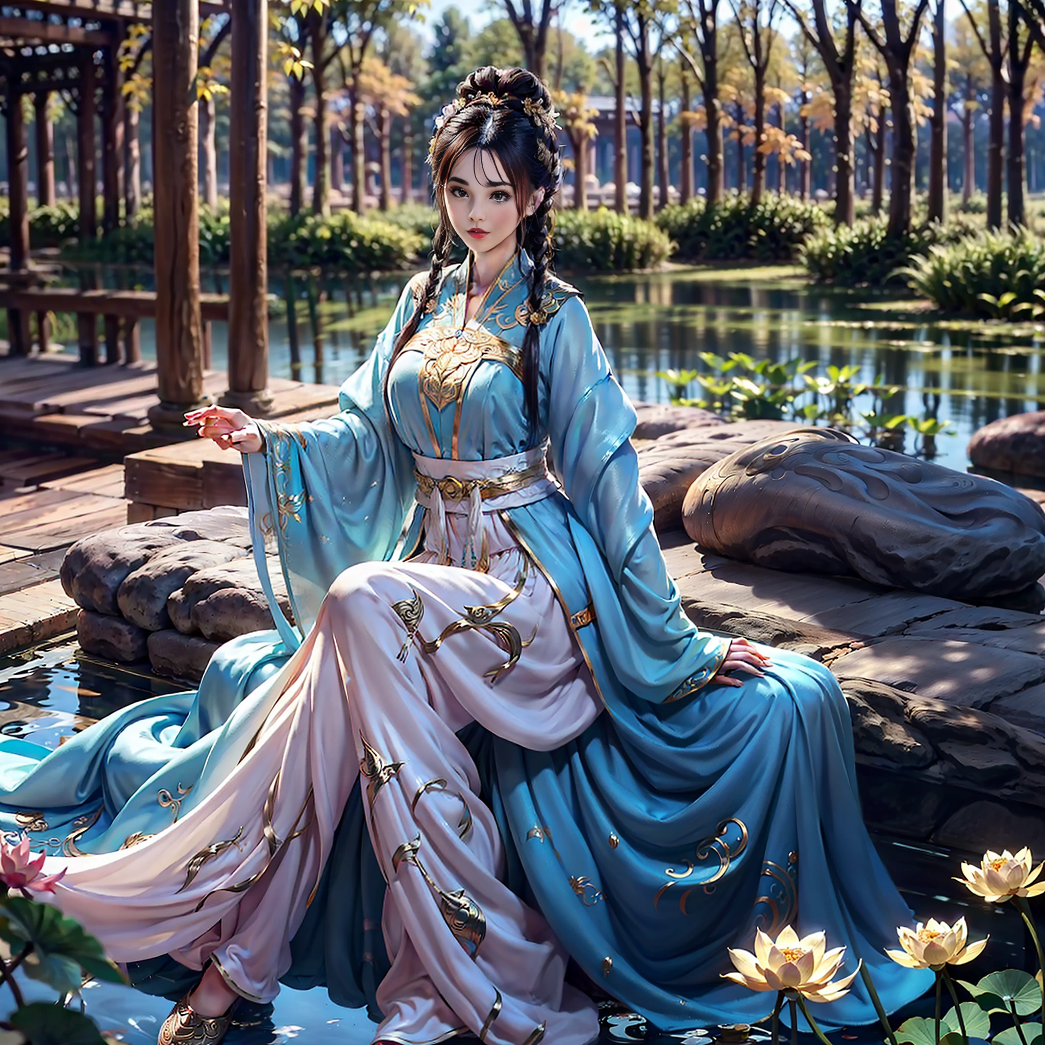 Sitting by a lake full of lotus flowers, feet playing in the water, the art depicts a charming woman with a melon face, dressed in a flowing, silky traditional oriental dress, long, aqua blue, decorated with intricate patterns and bright colors. Her dress drapes elegantly over her curvy figure, accentuating her seductive silhouette. She sits gracefully by the tranquil lotus lake, her feet playing in the water, bathed in the soft glow of the moonlight. The scene exudes an ethereal and dreamy atmosphere, with a touch of mystery and sexiness. The graphic style blends watercolor and digital illustration techniques to evoke a refined beauty and charm. The lights are filled with soft moonlight, casting soft highlights and shadows on her charming features. Bare thighs, big breasts, three-dimensional facial features, sitting, upturned legs, side braids