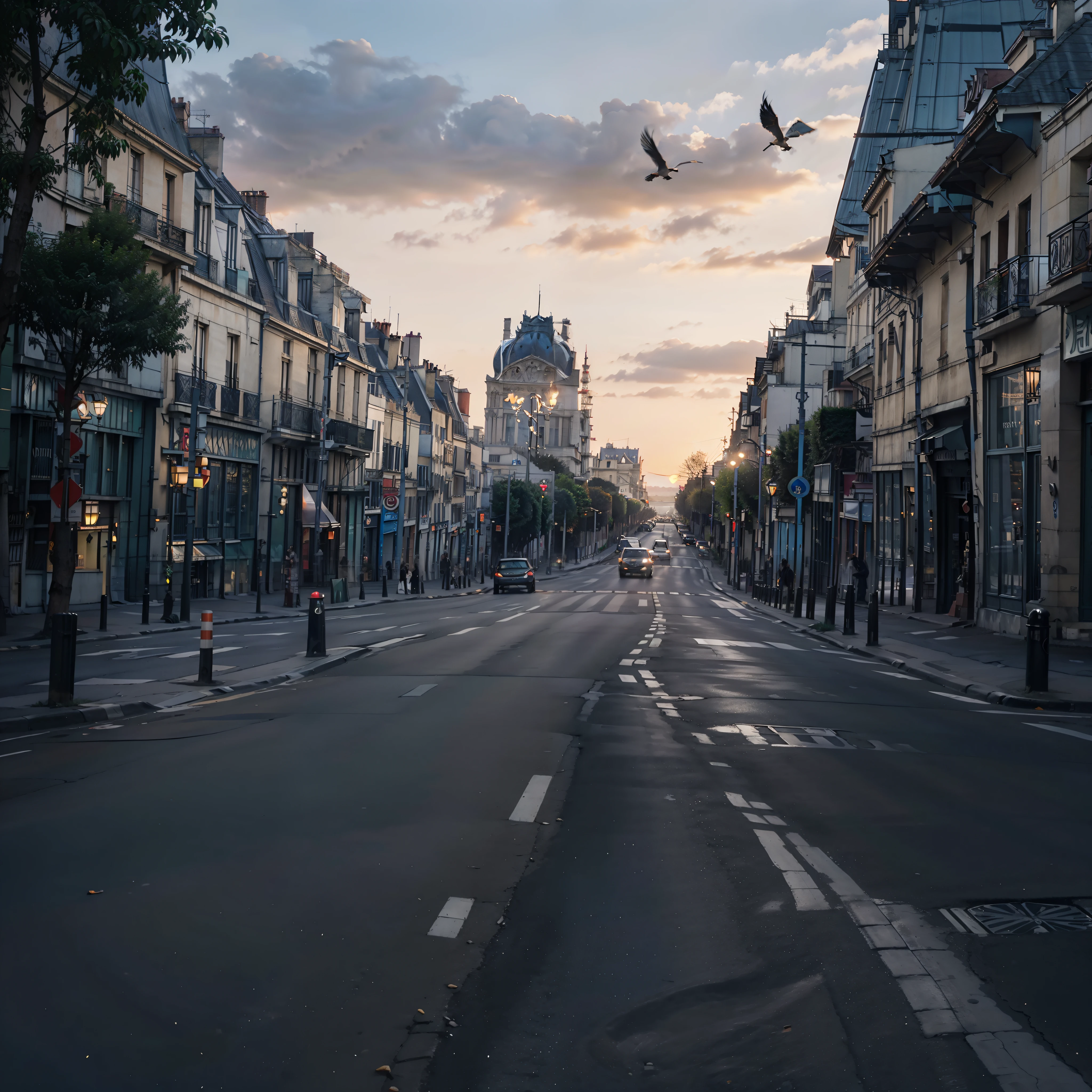 (Description: Beautiful Late Afternoon + at the Louvre in Paris, Sunset Street), (Paris style + French architecture), (High Quality + Best Lighting), (Beautiful Sunset) (blue / orange / red sky + birds), (Dynamic angles + continuous path), (Nostalgic + memory style + twilight), (main frame: street + building) +( empty streets, no people and no cars, just the beautiful architecture of Paris for contemplation)+(feeling of peace and tranquility).