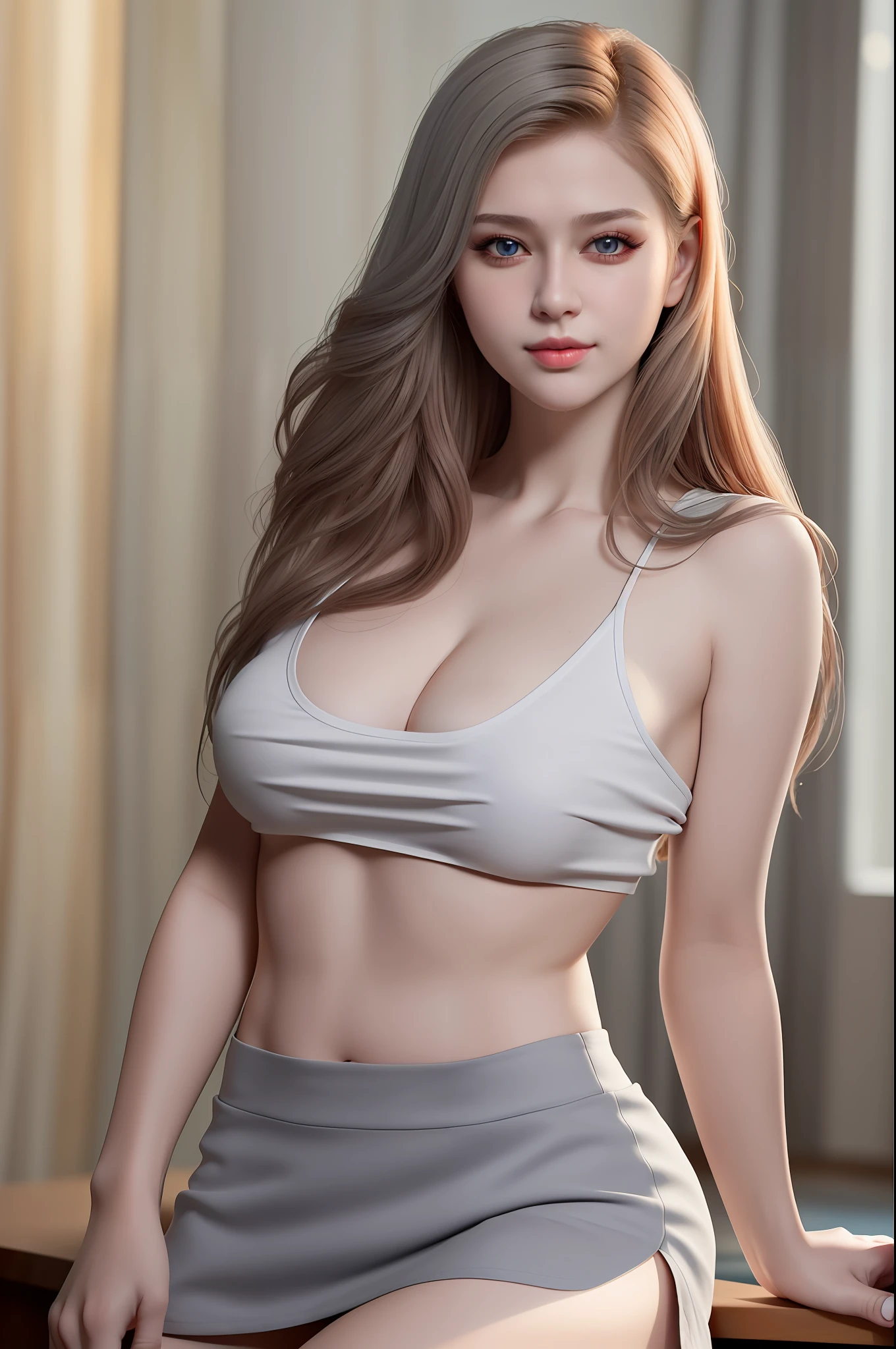 (1girl:2.0), (solo:1.5), (Russian girl:1.9), (anatomically correct:1.3), (upon body from head to thigh:2.0), (arms on hips:1.7), (light smile:1.3), (dimple chin:1.5), (chubby cheeks:1.5), (front opened white shirt:1.7), (grey mini skirt:1.7), (no bra:2.0), (braless:2.0), (slender abs:1.5), (detailed realistic skin:1.3), (extremely detailed realistic caramel hair:1.7), (beautiful realistic hairstyle:1.3), (realistic hair:1.3), (beautiful realistic face:1.3), (beautiful realistic Russian girl face:1.9), (extremely detailed realistic face:1.3), (realistic eyes:1.5), (extremely detailed realistic eyes:1.5), (perfect eyes:1.5), (extremely detailed realistic pupils:1.5), (extremely detailed realistic eyelashes:1.3), (detailed realistic lips:1.3), (beautiful realistic lips:1.3), (realistic medium breasts:1.3), (breast cleavage exposed:1.5), (masterpiece:1.2), (best quality:1.2), (realistic:1.2), photography, Nikon, 85mm, 8k, (sharp focus:1.2), (high resolution:1.2), (ultra-detailed:1.2),