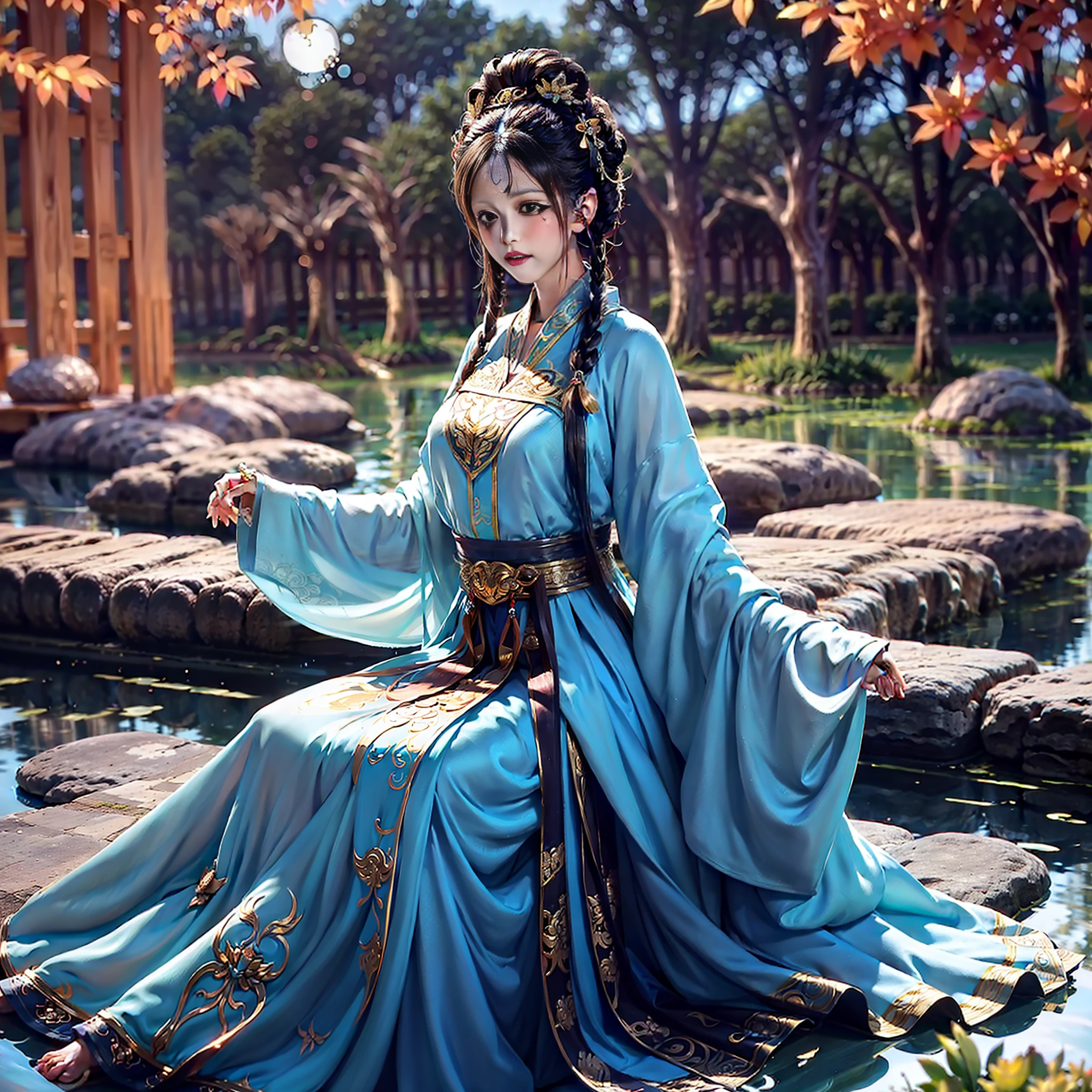 Sitting by a lake full of lotus flowers, feet playing in the water, the art depicts a charming woman with a melon face, dressed in a flowing, silky traditional oriental dress, long, aqua blue, decorated with intricate patterns and bright colors. Her dress drapes elegantly over her curvy figure, accentuating her seductive silhouette. She sits gracefully by the tranquil lotus lake, her feet playing in the water, bathed in the soft glow of the moonlight. The scene exudes an ethereal and dreamy atmosphere, with a touch of mystery and sexiness. The graphic style blends watercolor and digital illustration techniques to evoke a refined beauty and charm. The lights are filled with soft moonlight, casting soft highlights and shadows on her charming features. Bare thighs, big breasts, three-dimensional facial features, sitting, upturned legs, side braids