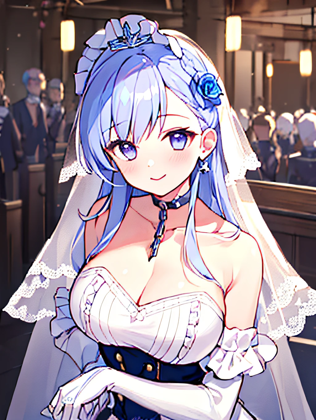 ((masterpiece)), (((best quality))), ((ultra-detailed)), ((illustration)), ((disheveled hair)), ((frills)), (1 girl), (solo),   bangs， bare arms， bare shoulders， blue eyes， breast hold ， breasts， bridal veil， broken， broken chain ， chain ， clavicle ， cleavage， closed mouth ， clothing， collar， crown ， dress， earrings ， female ， flower， hair ornament ， hair ribbon ， headdress， headwear， huge breasts ， jewelry ， long hair， official alternate costume ， parted bangs ， petals ， purple flower， purple rose， ribbon ， rose， smile ， solo ， star， star earrings， star (symbol)， tiara ， tress ribbon， upper body ， veil， white dress ， white flower ， white hair，(wedding dress:1.4)