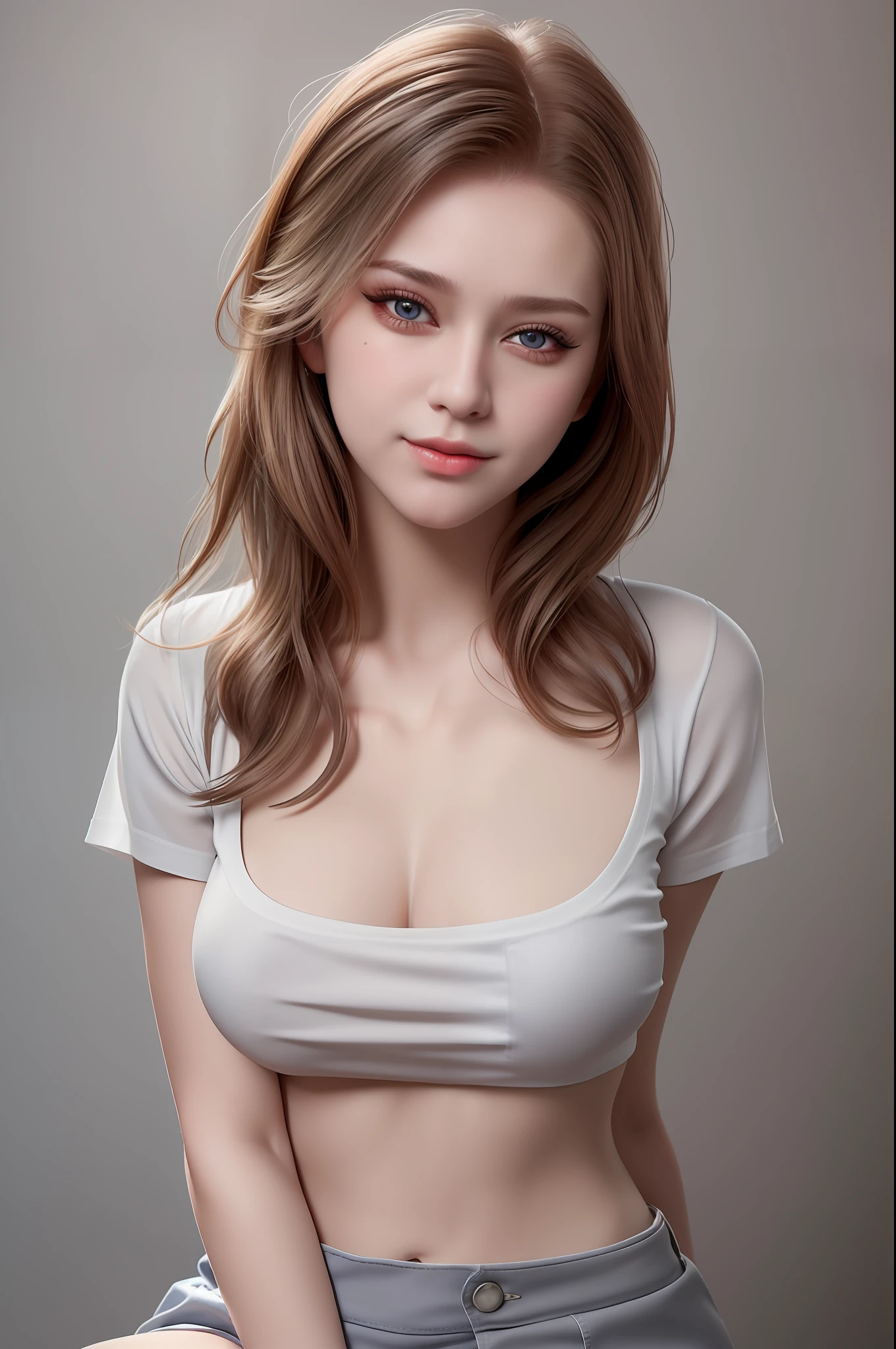 (1girl:2.0), (solo:1.5), (Russian girl:1.9), (anatomically correct:1.3), (upon body from head to thigh:2.0), (arms on hips:1.7), (light smile:1.3), (dimple chin:1.5), (chubby cheeks:1.5), (front opened white shirt:1.7), (grey mini skirt:1.7), (no bra:2.0), (braless:2.0), (slender abs:1.5), (detailed realistic skin:1.3), (extremely detailed realistic caramel hair:1.7), (beautiful realistic hairstyle:1.3), (realistic hair:1.3), (beautiful realistic face:1.3), (beautiful realistic Russian girl face:1.9), (extremely detailed realistic face:1.3), (realistic eyes:1.5), (extremely detailed realistic eyes:1.5), (perfect eyes:1.5), (extremely detailed realistic pupils:1.5), (extremely detailed realistic eyelashes:1.3), (detailed realistic lips:1.3), (beautiful realistic lips:1.3), (realistic medium breasts:1.3), (breast cleavage exposed:1.5), (masterpiece:1.2), (best quality:1.2), (realistic:1.2), photography, Nikon, 85mm, 8k, (sharp focus:1.2), (high resolution:1.2), (ultra-detailed:1.2),