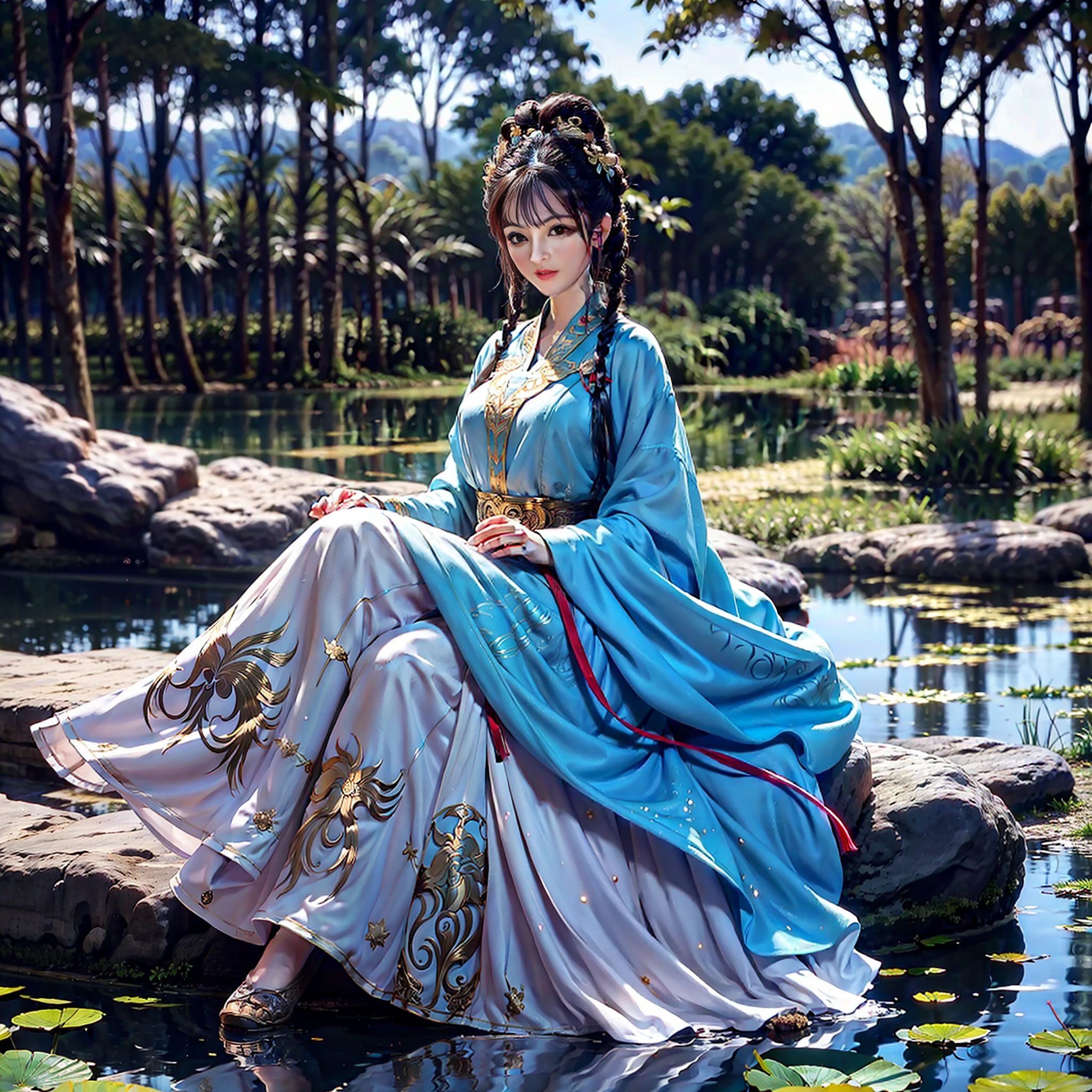 Sitting by a lake full of lotus flowers, feet playing in the water, the art depicts a charming woman with a melon face, dressed in a flowing, silky traditional oriental dress, long, aqua blue, decorated with intricate patterns and bright colors. Her dress drapes elegantly over her curvy figure, accentuating her seductive silhouette. She sits gracefully by the tranquil lotus lake, her feet playing in the water, bathed in the soft glow of the moonlight. The scene exudes an ethereal and dreamy atmosphere, with a touch of mystery and sexiness. The graphic style blends watercolor and digital illustration techniques to evoke a refined beauty and charm. The lights are filled with soft moonlight, casting soft highlights and shadows on her charming features. Bare thighs, big breasts, three-dimensional facial features, sitting, upturned legs, side braids