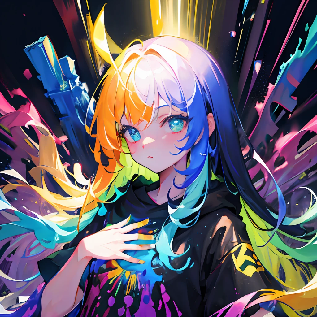rainbow paint, a girl made entirely out of rainbow paint, entirely paint, 1girl, all rainbow paint, hdr, (intricate details, hyperdetailed:1.15),  gorgeous lighting, rainbow, paint splatter, splashes, very rainbow, very colorful, neon, paint drops, rainbow paint background, colorful background