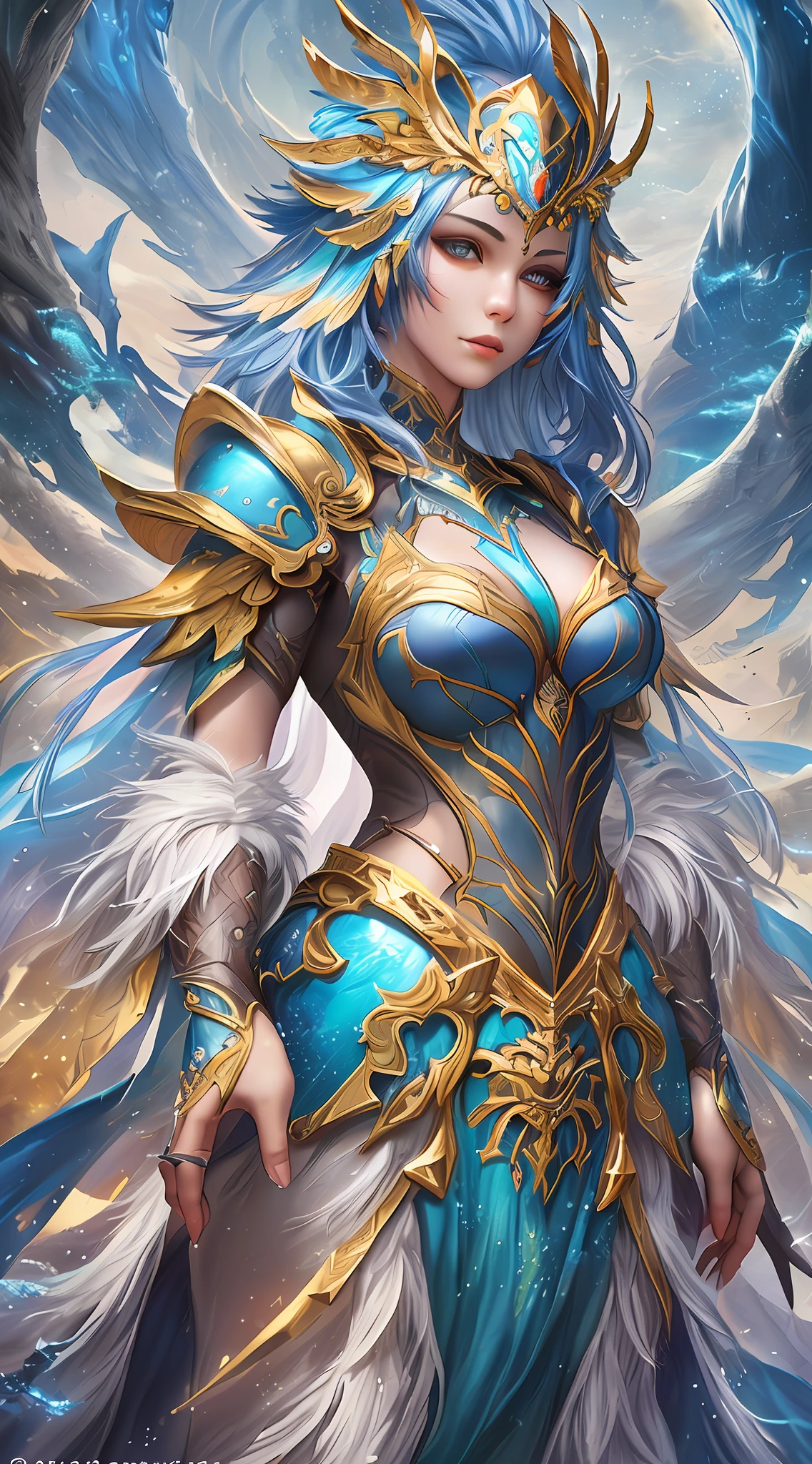 a close up of a woman in a blue dress with a feathered headpiece, detailed fantasy art, epic exquisite character art, 2. 5 d cgi anime fantasy artwork, stunning character art, 4k fantasy art, pale blue armor, highly detailed fantasy art, detailed fantasy digital art, clothed in ethereal armor, fantasy art style, beautiful armor, beautiful fantasy art