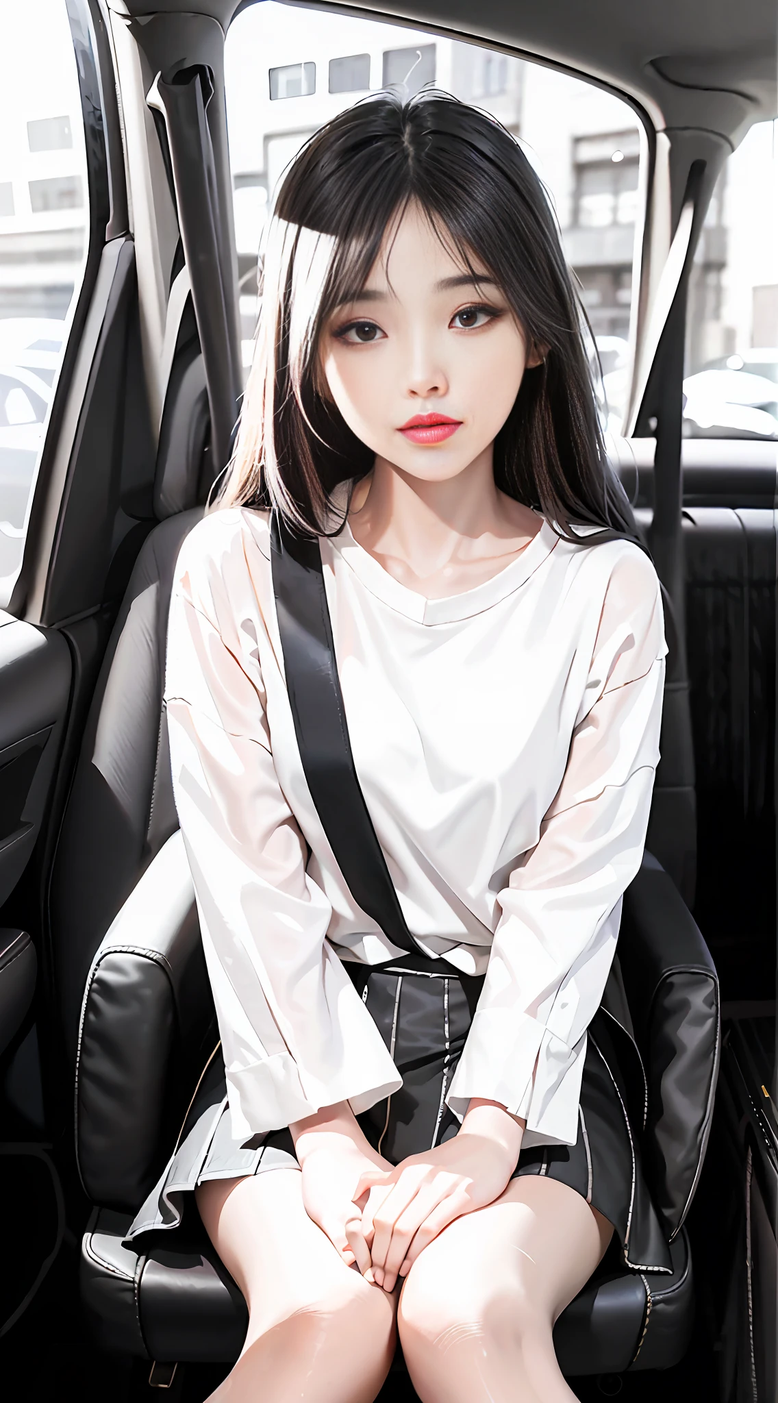 Korean woman holding a black and white photo in car seat,Lee Ji-eun, urban girl fanart, Realistic style panel painting, Korean girl, realistic art style, digital manga art