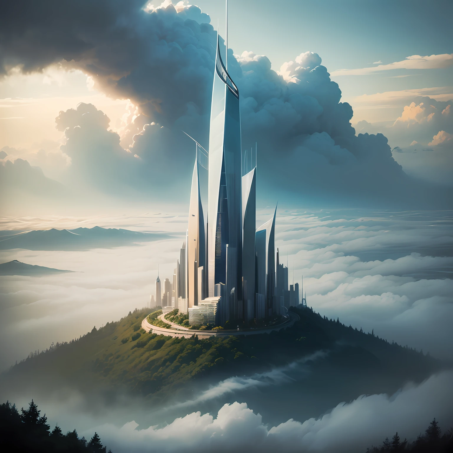 ((Painting style:Rich and beautiful,The atmosphere is magnificent)、(feels:Dreamy and mysterious,Magnificent))、City on the Clouds、Angle level view、Hurricane long roll、Forest valley、Quiet、gracefulness、𝓡𝓸𝓶𝓪𝓷𝓽𝓲𝓬、flowy,Tech City, --auto