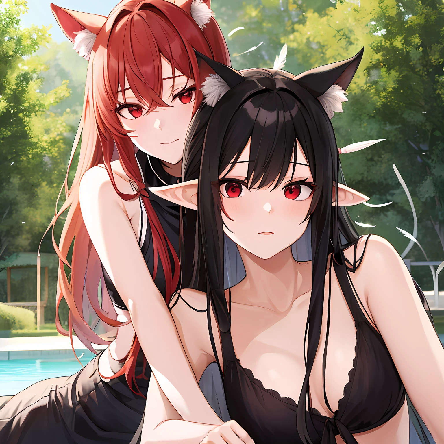 whaite hair,Red eyes,Lori,full bodyesbian,Feather ears,looking to the camera