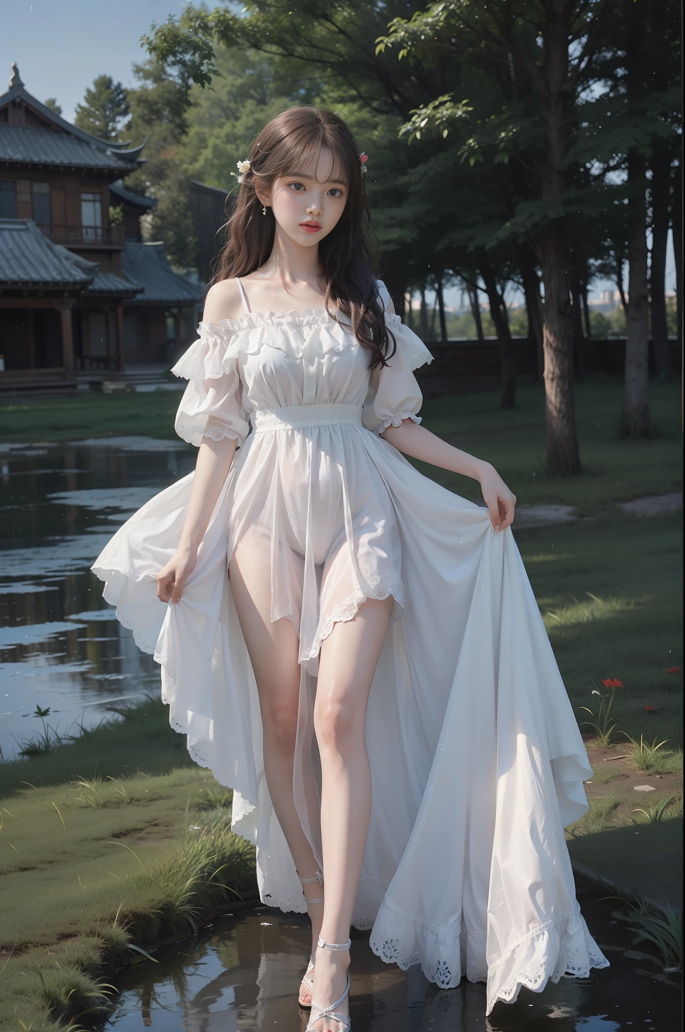 (8k, RAW photo: 1.2), highest quality, ultra high resolution, full body, (fluttering detailed color splash), (illustration), (one girl))), (long hair), (rain: 0.9), (hair ornament: 1.4), there is an ancient palace beside a woman, dress, (focus), color ink wash painting, (color splash), colorful splash, ( Colorful))), (sketch: 0.8), masterpiece, highest quality, beautifully painted, highly detailed, (noise removal: 0.6), [splash ink],((ink refraction),(beautiful detail sky),moon,high,detail,(masterpiece, best quality, highly detailed cg unity 8k wallpaper,masterpiece, best quality, super detail),(Lycoris radiata)