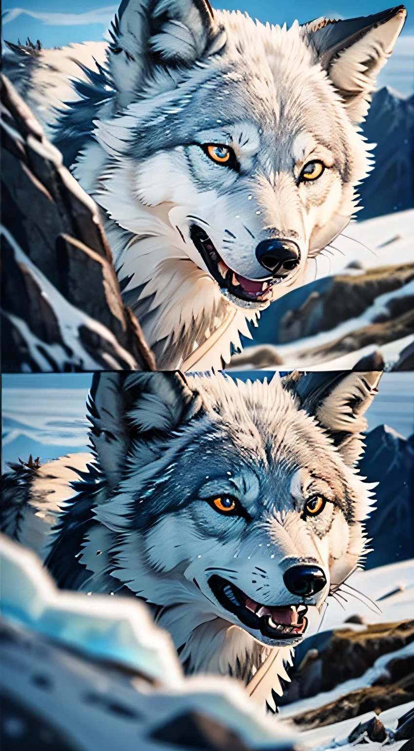 Two packs of arctic wolves,White hair,The eyes are fierce,Tooth grinned,Strong,Both sides tore at each other,The background is the Arctic、ice field,Extremely cold weather,Long-range shots,In the daytime