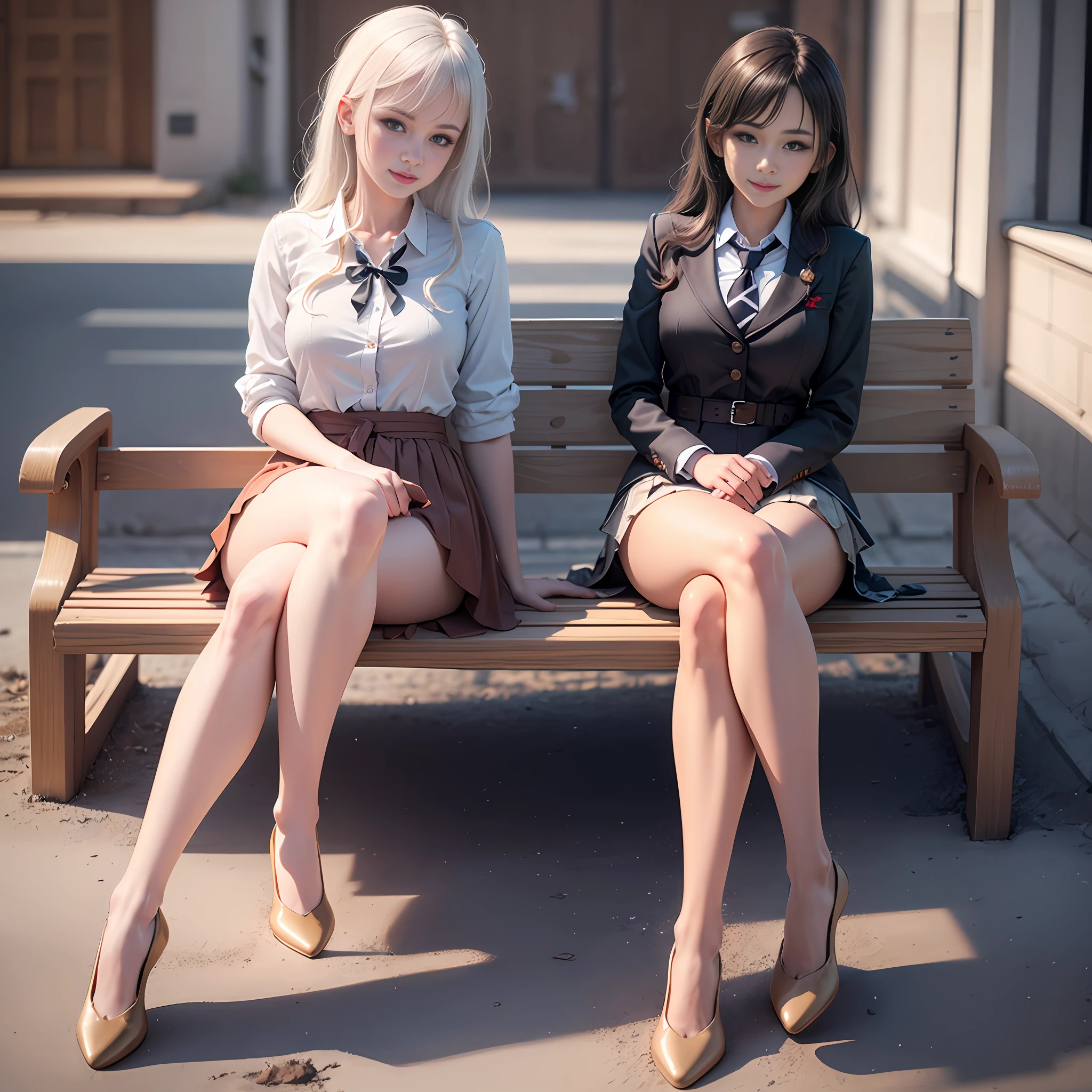 there is a woman sitting on a bench wearing a tie, hyperrealistic schoolgirl, a hyperrealistic schoolgirl, realistic schoolgirl, cyber school girl, seductive anime girl, photorealistic anime girl render, cute schoolgirl, anime girl cosplay, attractive anime girl, school girl, beautiful anime high school girl, tifa lockhart with white hair, realistic young anime girl, masterpiece, superdeformed, full body: 1.2, ultra high res, RAW photo, masterpiece, ultra detailed, 8k, full detailed hair, highres, best quality, ultra high res, ultra detailed face and eyes, (photorealistic:1.4), looking at viewer, smiling, cute, (ray tracing:1.4), (long legs:1.4), Best quality , masterpiece, large hip, Fully facial detailed, beautiful, ((very detailed of hair )) , (((18 years old))), thin lips, big eyes, highres, seducing, blue eyes , slim waist, 8k, 16k, highres,