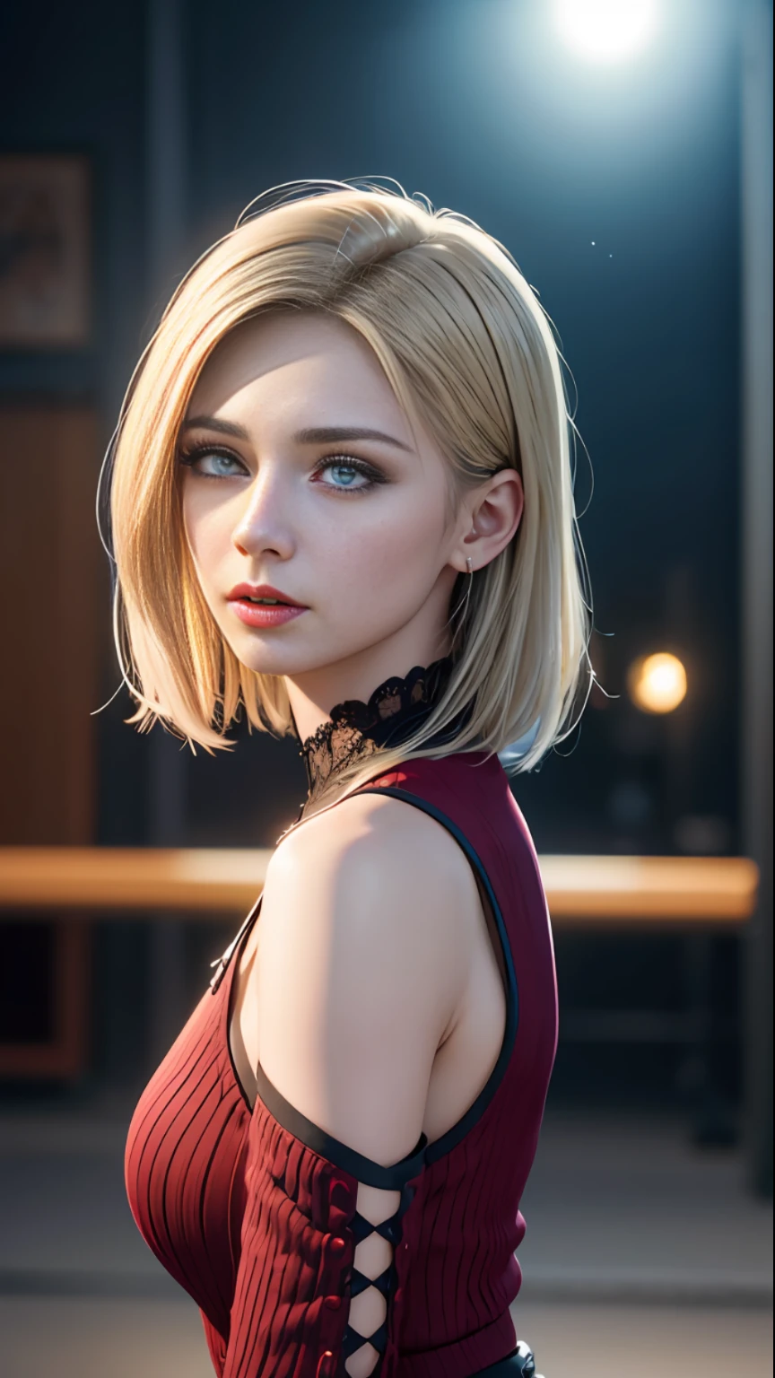 Highly detailed RAW color photo, beautiful young woman, short blonde hair, dynamic pose, (wide hips), (detailed skin), (detailed lips), (detailed eyes), (cosmic: 1.4), (necropolis: 1.1), (science fiction setting) (detailed face), (curvy), red clothing, detailed eyes, chromatic aberration, depth of field, soft lighting, masterpiece, best quality, intricate, (lens reflection: 0.7), (flowering: 0.7), particle effects, ray tracing,  tone mapping, highly detailed, concept art, smooth, sharp focus, dramatic lighting, highly detailed art, cinematic, hyper-realistic painting, trending on Artstation, 8K, amazing shadows, realistic, (highly detailed background: 1.2), mid-journey art