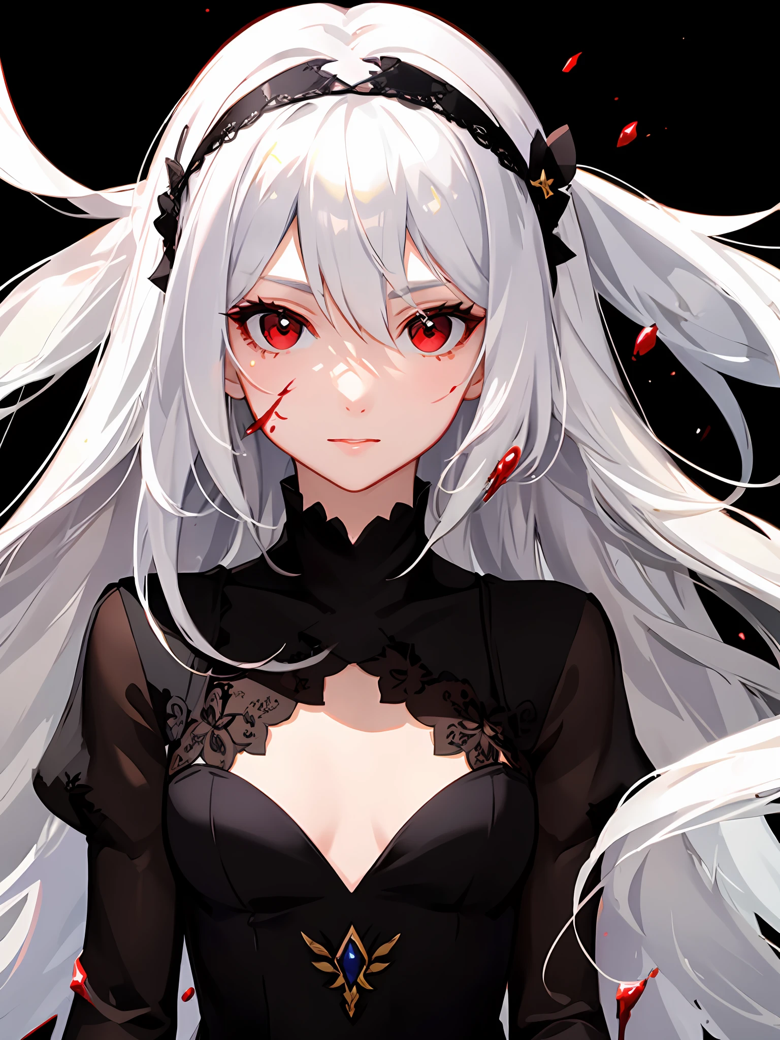 ((masterpiece, best quality)), beautiful detail eyes, detail face, 1girl, long white hair, red eyes, beautiful detail eyes, small breasts, looking at the audience, blood on face, (black background: 1.2), bloody particles, all over,